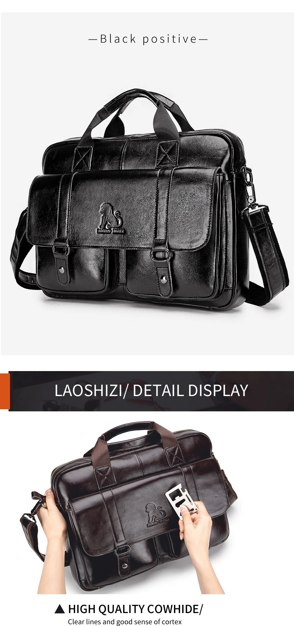 Genuine Leather Men's Briefcase with Double Front Pockets, Large Capacity Computer Bag, Diagonal Cross Handbag