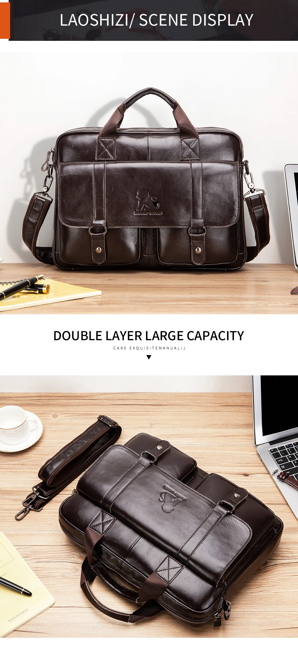 Genuine Leather Men's Briefcase with Double Front Pockets, Large Capacity Computer Bag, Diagonal Cross Handbag