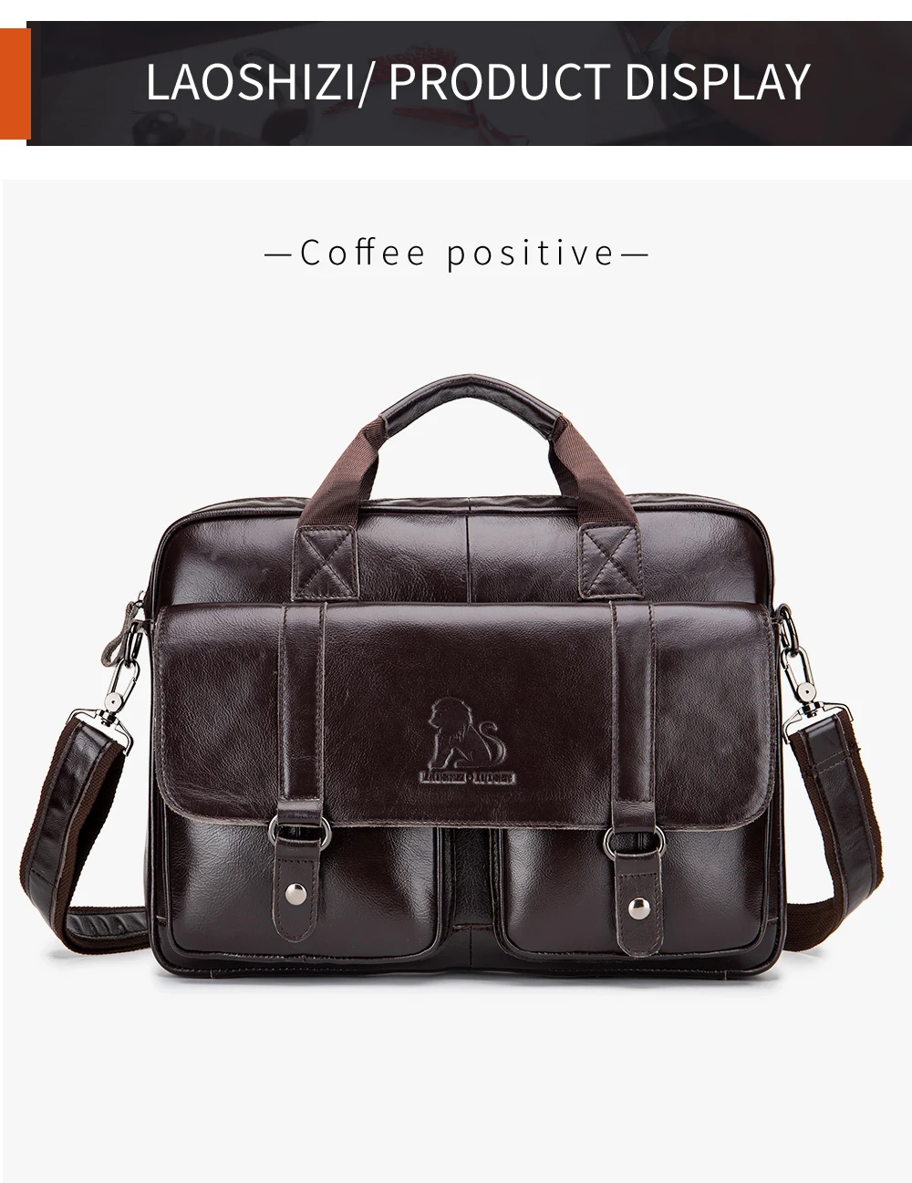 Genuine Leather Men's Briefcase with Double Front Pockets, Large Capacity Computer Bag, Diagonal Cross Handbag