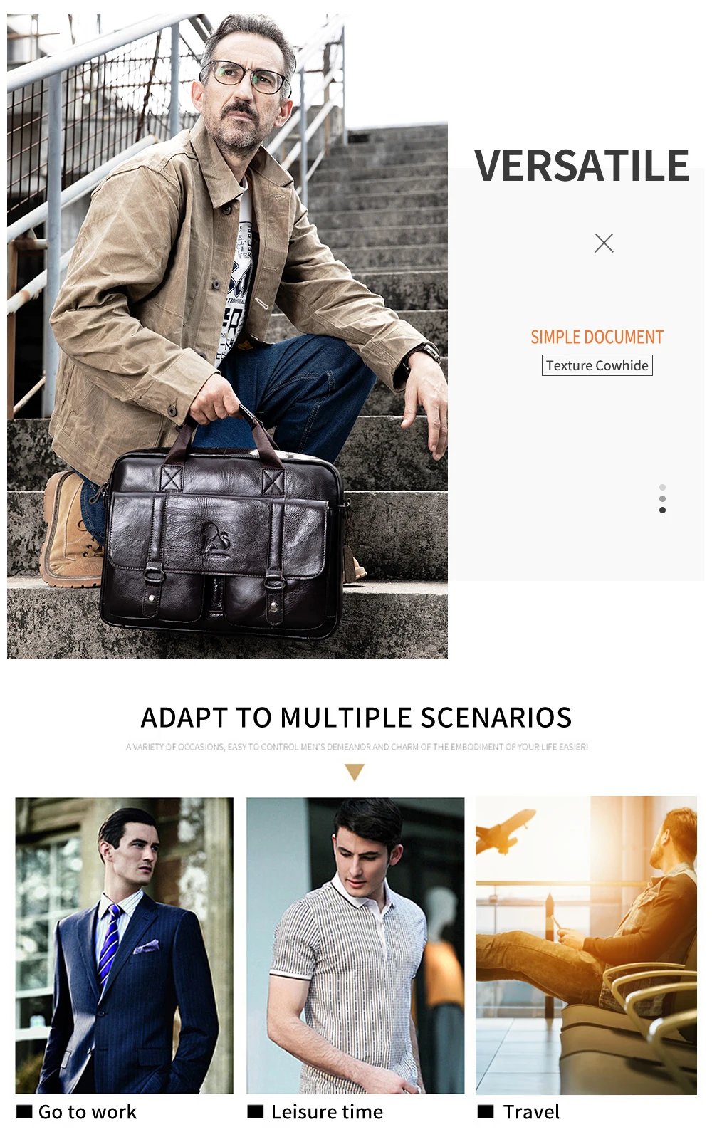 Genuine Leather Men's Briefcase with Double Front Pockets, Large Capacity Computer Bag, Diagonal Cross Handbag