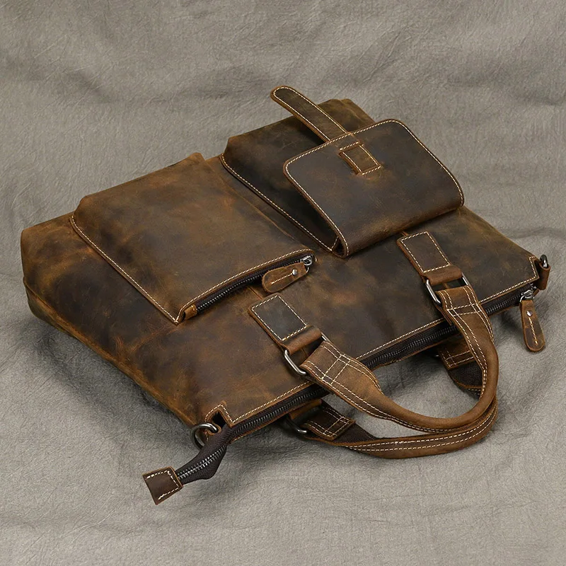 Fashion Crazy Horse Leather Briefcase Bag Men Laptop Bags Men OfficeTote Bag Cow Leather Handbag A4 Portfolio Men's Hand Bags