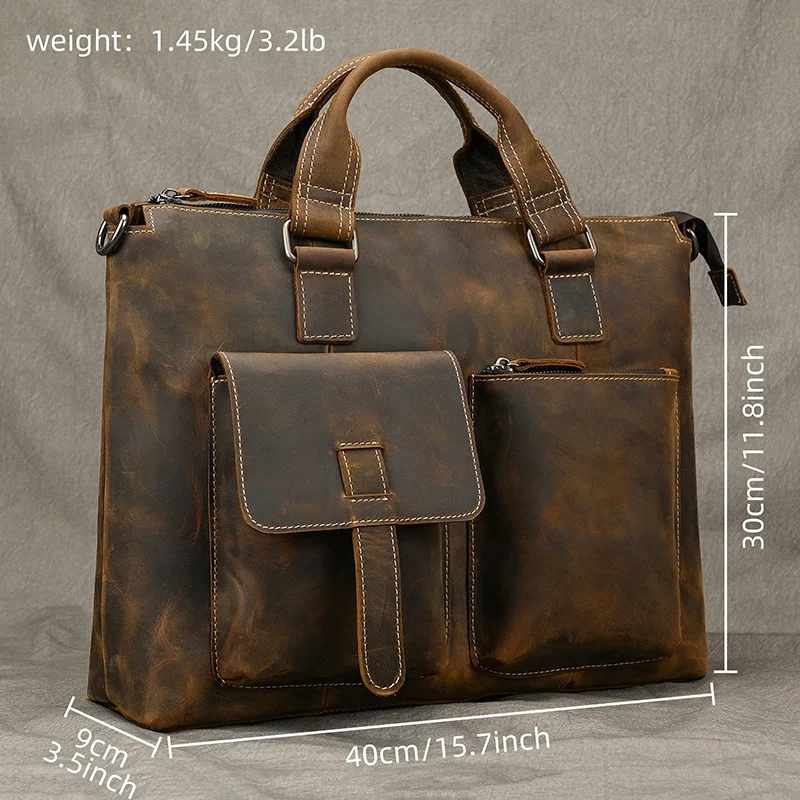 Fashion Crazy Horse Leather Briefcase Bag Men Laptop Bags Men OfficeTote Bag Cow Leather Handbag A4 Portfolio Men's Hand Bags