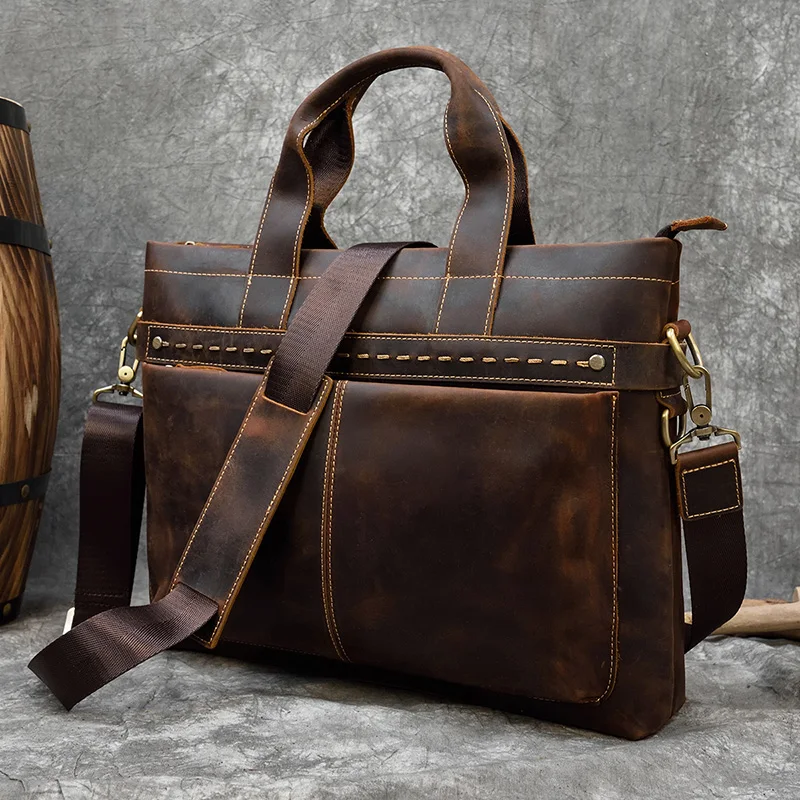 Fashion Crazy Horse Leather Briefcase Bag Men Laptop Bags Men OfficeTote Bag Cow Leather Handbag A4 Portfolio Men's Hand Bags