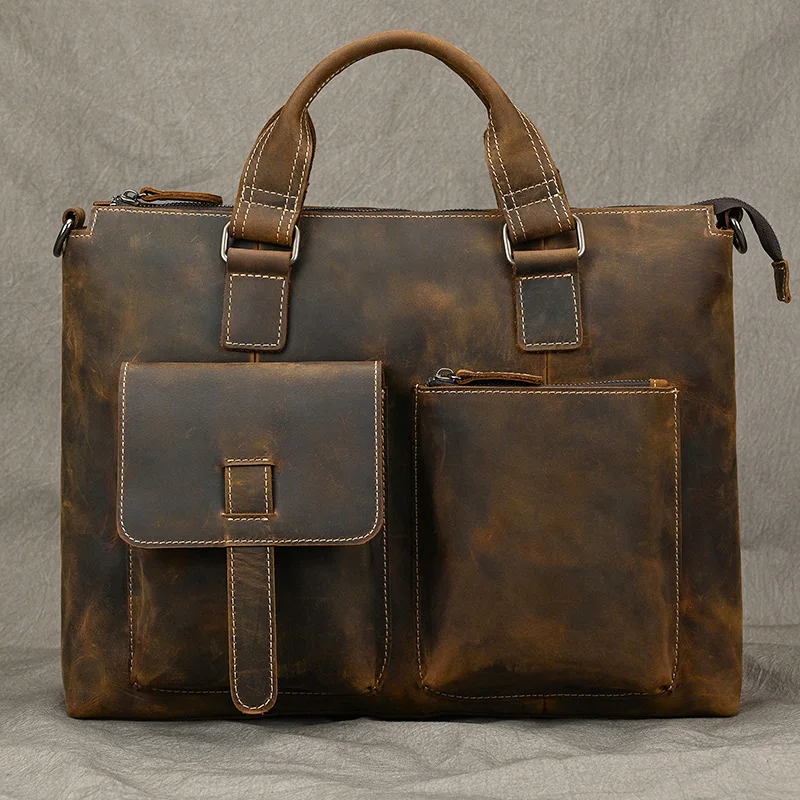 Fashion Crazy Horse Leather Briefcase Bag Men Laptop Bags Men OfficeTote Bag Cow Leather Handbag A4 Portfolio Men's Hand Bags