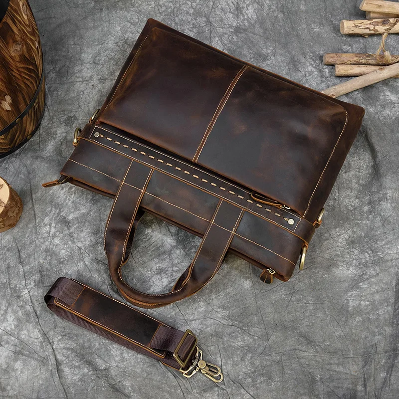 Fashion Crazy Horse Leather Briefcase Bag Men Laptop Bags Men OfficeTote Bag Cow Leather Handbag A4 Portfolio Men's Hand Bags