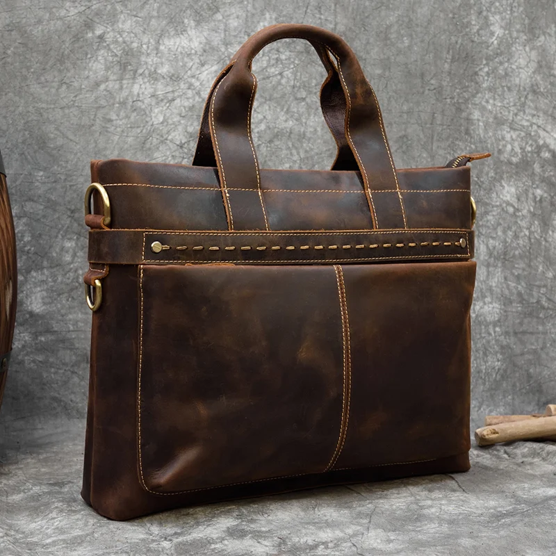 Fashion Crazy Horse Leather Briefcase Bag Men Laptop Bags Men OfficeTote Bag Cow Leather Handbag A4 Portfolio Men's Hand Bags