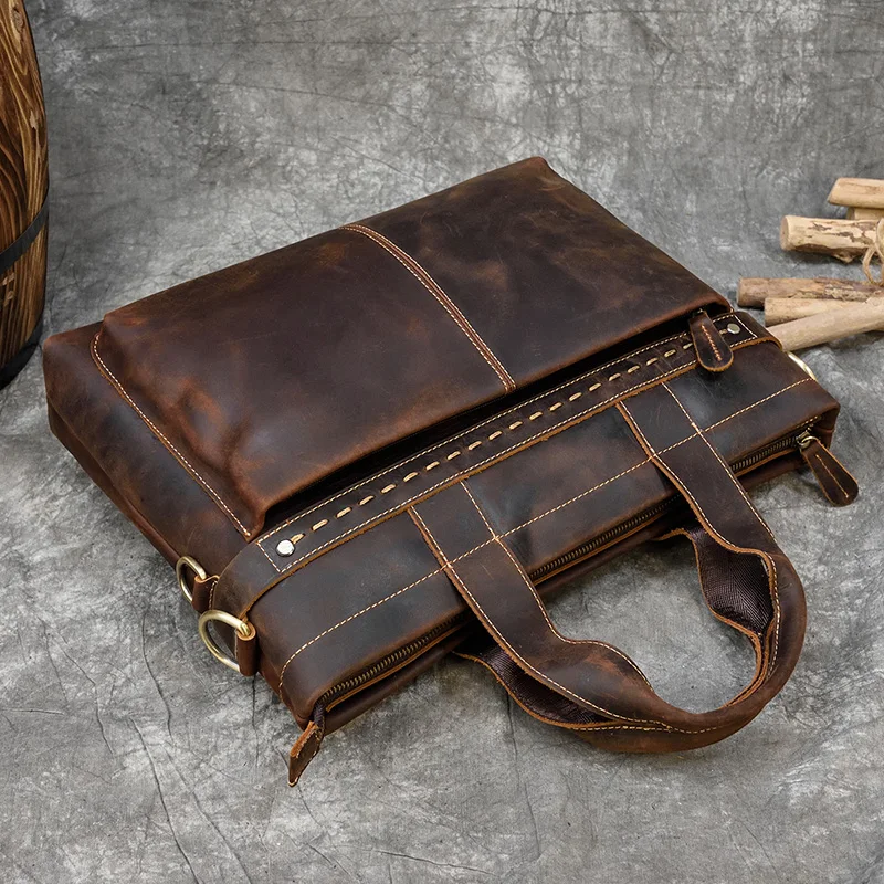 Fashion Crazy Horse Leather Briefcase Bag Men Laptop Bags Men OfficeTote Bag Cow Leather Handbag A4 Portfolio Men's Hand Bags