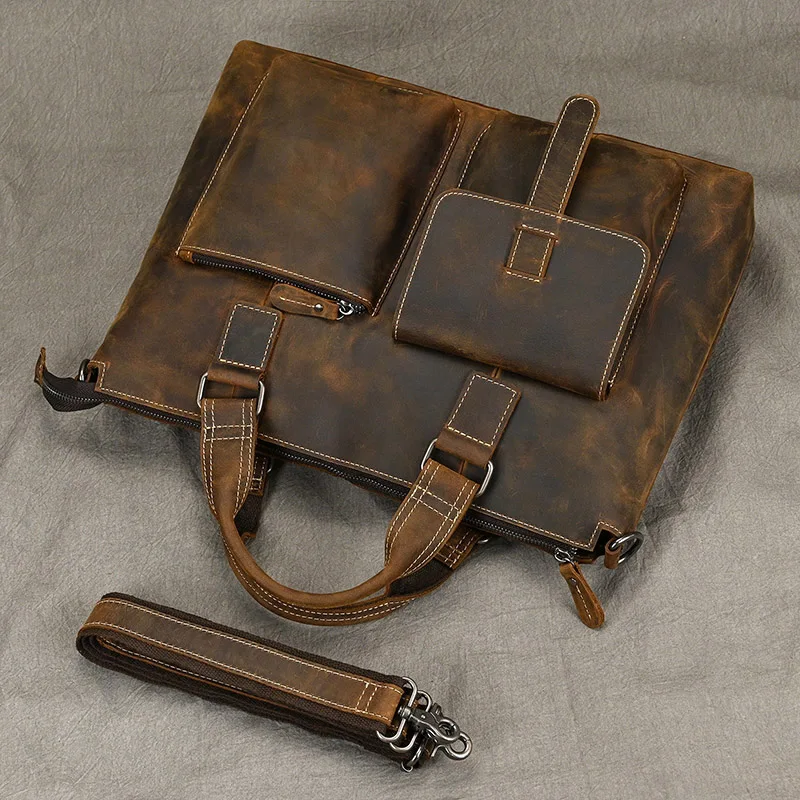 Fashion Crazy Horse Leather Briefcase Bag Men Laptop Bags Men OfficeTote Bag Cow Leather Handbag A4 Portfolio Men's Hand Bags