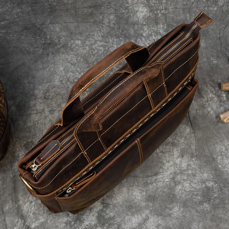 Fashion Crazy Horse Leather Briefcase Bag Men Laptop Bags Men OfficeTote Bag Cow Leather Handbag A4 Portfolio Men's Hand Bags