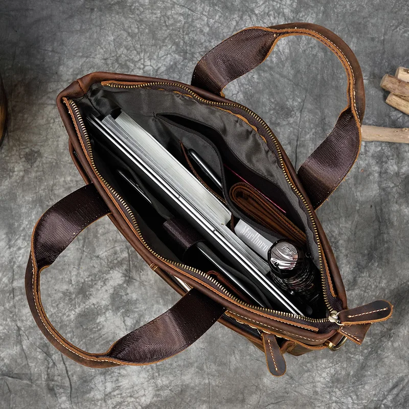 Fashion Crazy Horse Leather Briefcase Bag Men Laptop Bags Men OfficeTote Bag Cow Leather Handbag A4 Portfolio Men's Hand Bags