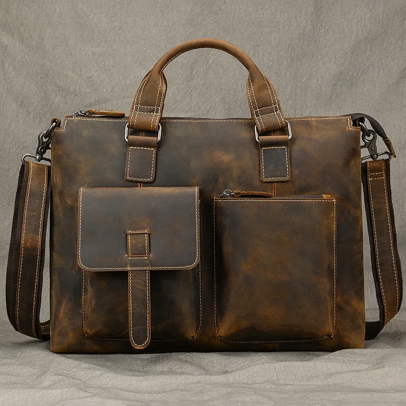 Fashion Crazy Horse Leather Briefcase Bag Men Laptop Bags Men OfficeTote Bag Cow Leather Handbag A4 Portfolio Men's Hand Bags