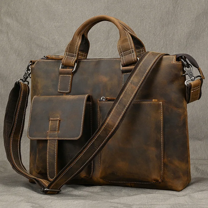 Fashion Crazy Horse Leather Briefcase Bag Men Laptop Bags Men OfficeTote Bag Cow Leather Handbag A4 Portfolio Men's Hand Bags