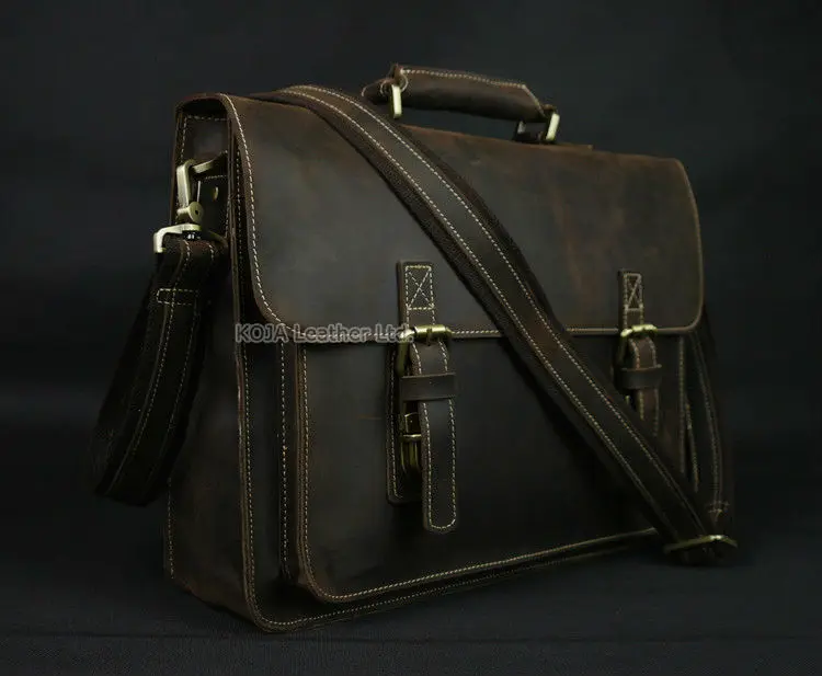 Vintage Crazy Horse Genuine Leather Men Briefcase 15" Laptop Bag Work Business Bag Shoulder Messenger Bag Male Tote Handbag M088
