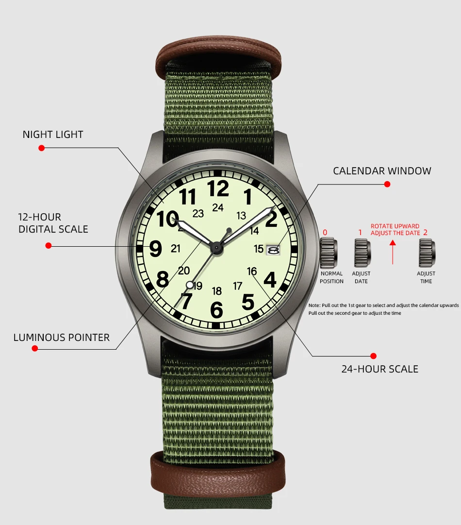 2026 TPW Women's Field Watch 34mm Case Easy Read Fabric Strap 24hr Display Day Function Quartz Movement Luminous