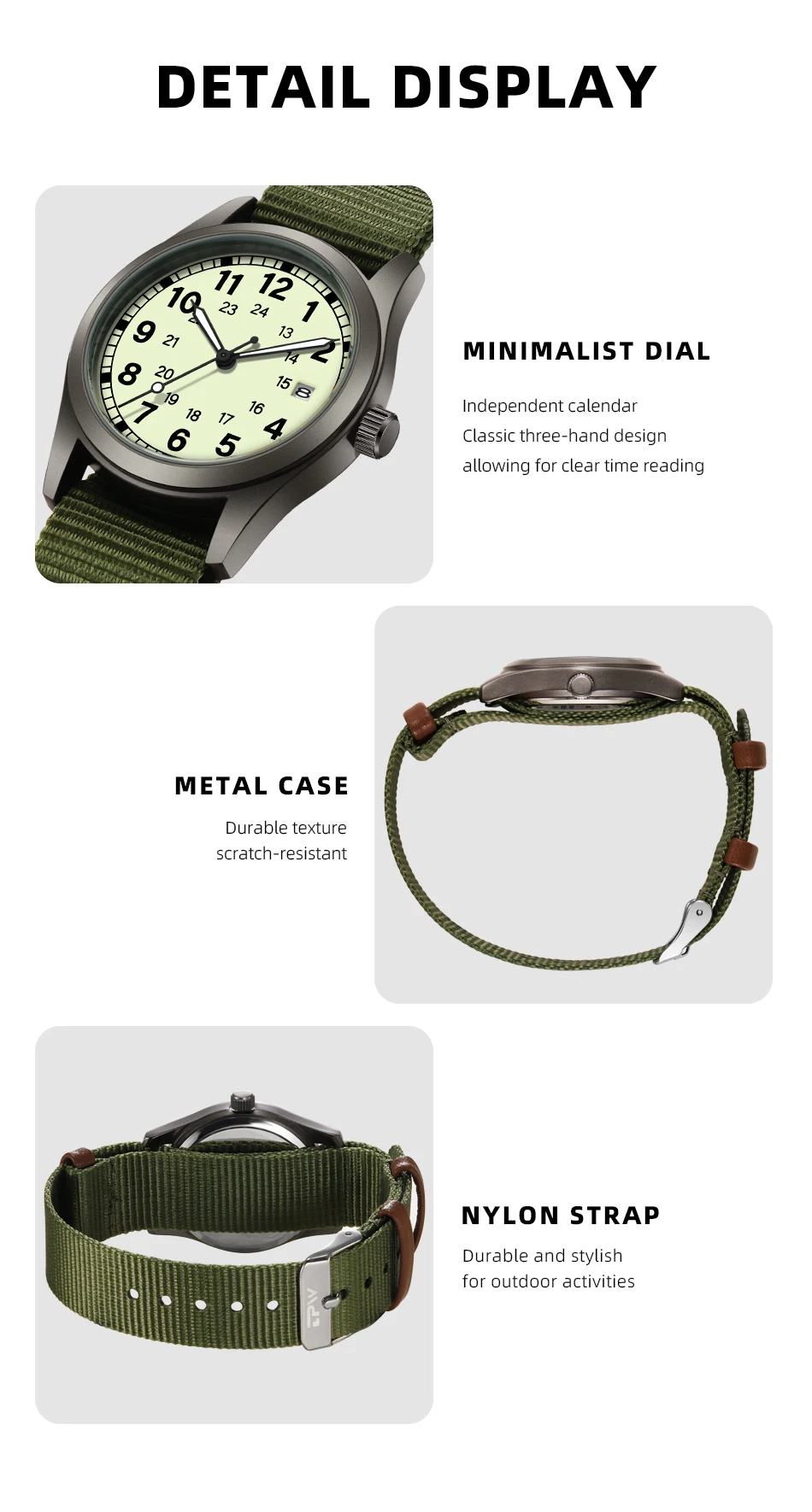 2026 TPW Women's Field Watch 34mm Case Easy Read Fabric Strap 24hr Display Day Function Quartz Movement Luminous