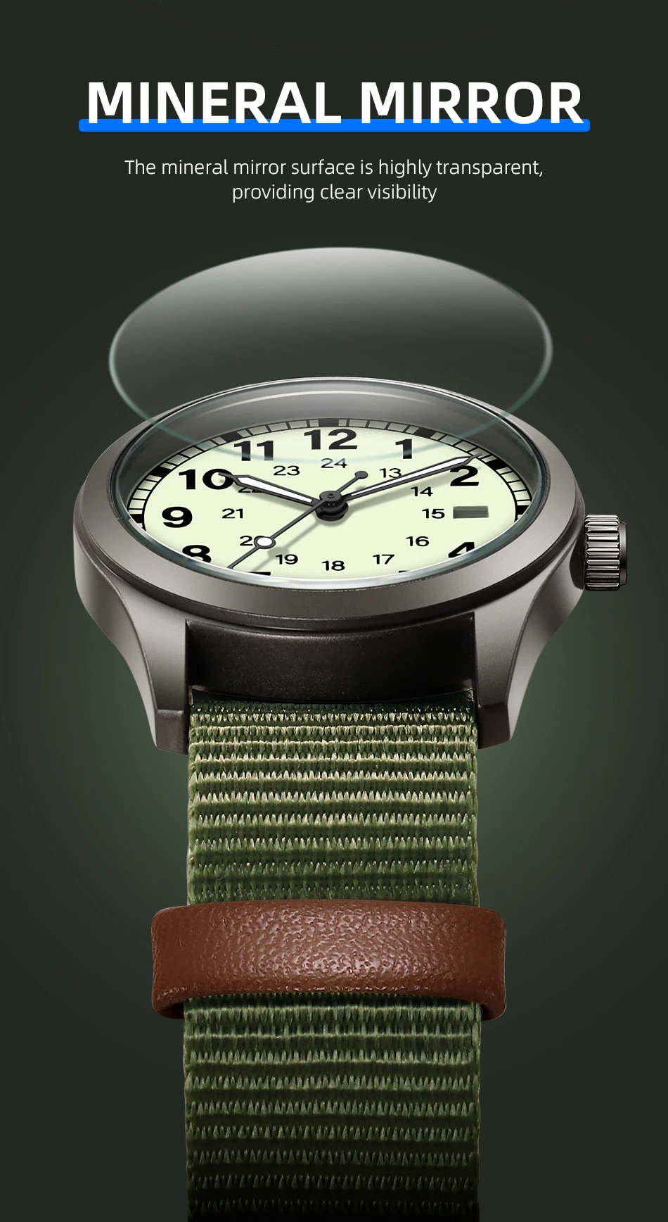 2026 TPW Women's Field Watch 34mm Case Easy Read Fabric Strap 24hr Display Day Function Quartz Movement Luminous