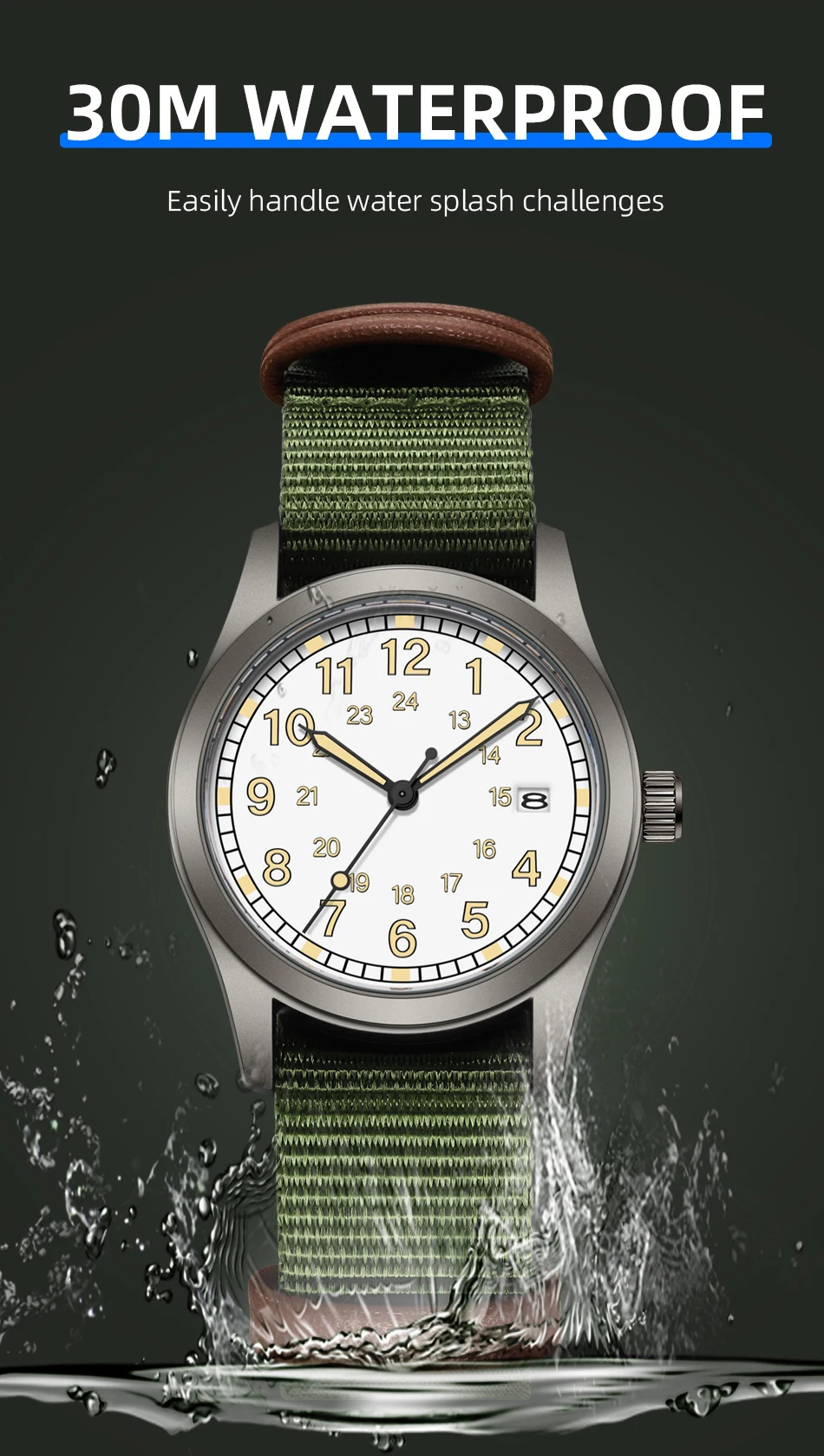 2026 TPW Women's Field Watch 34mm Case Easy Read Fabric Strap 24hr Display Day Function Quartz Movement Luminous