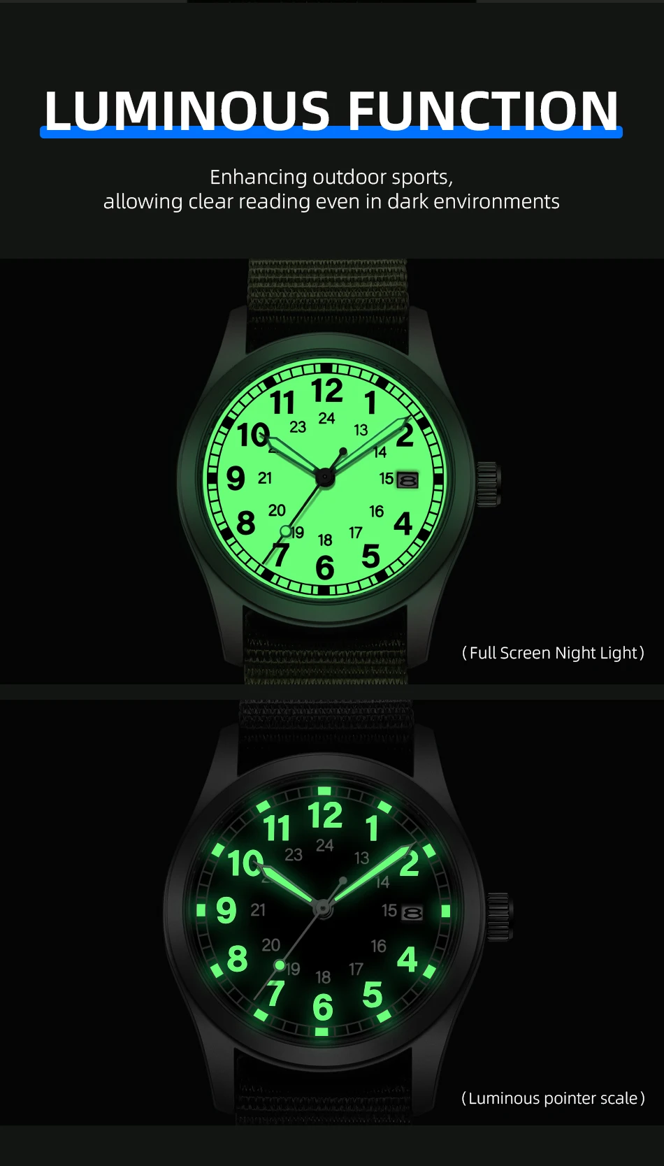 2026 TPW Women's Field Watch 34mm Case Easy Read Fabric Strap 24hr Display Day Function Quartz Movement Luminous