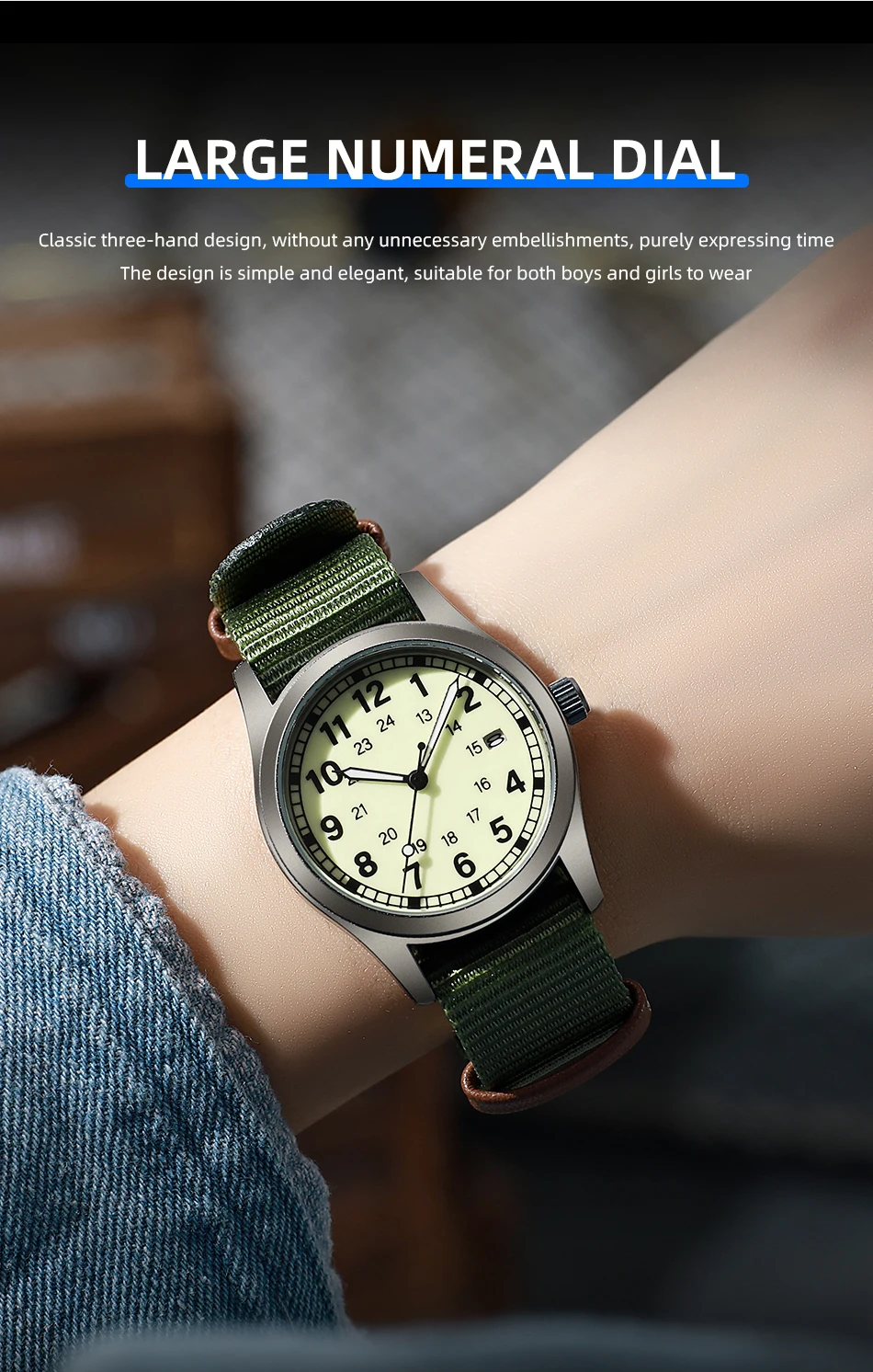 2026 TPW Women's Field Watch 34mm Case Easy Read Fabric Strap 24hr Display Day Function Quartz Movement Luminous