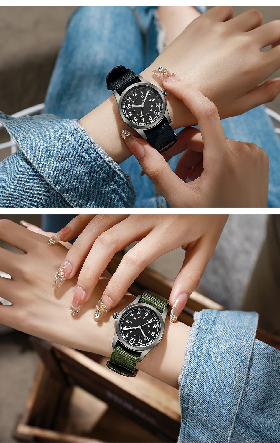 2026 TPW Women's Field Watch 34mm Case Easy Read Fabric Strap 24hr Display Day Function Quartz Movement Luminous