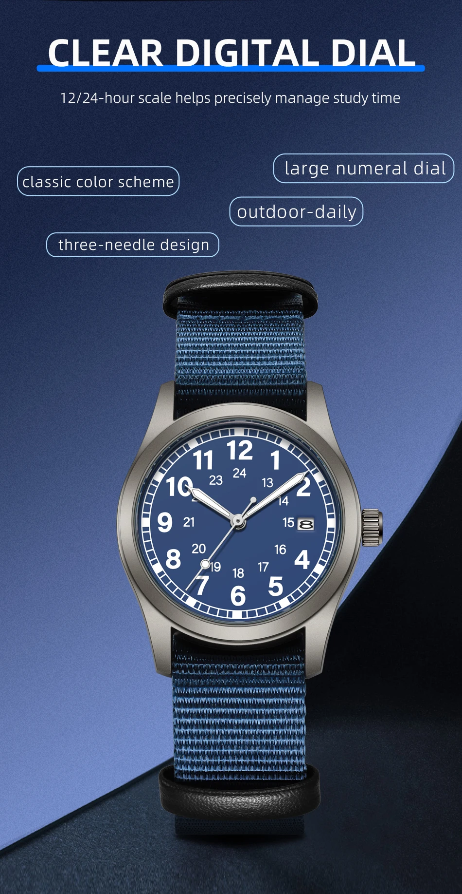 2026 TPW Women's Field Watch 34mm Case Easy Read Fabric Strap 24hr Display Day Function Quartz Movement Luminous