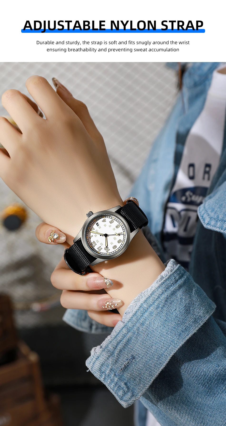 2026 TPW Women's Field Watch 34mm Case Easy Read Fabric Strap 24hr Display Day Function Quartz Movement Luminous