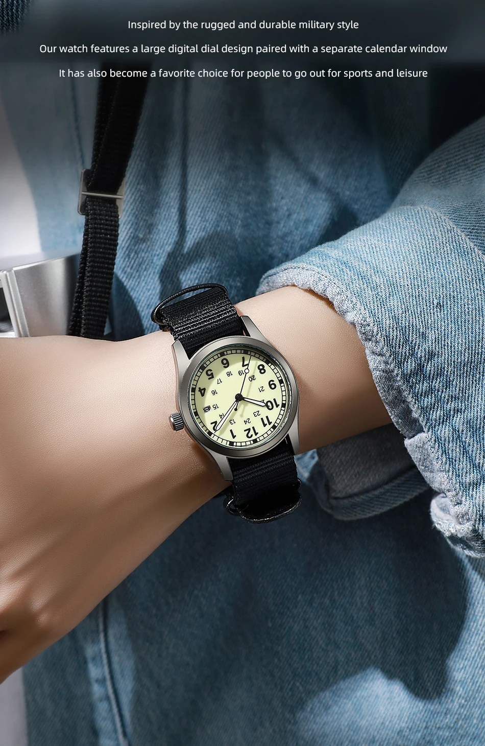 2026 TPW Women's Field Watch 34mm Case Easy Read Fabric Strap 24hr Display Day Function Quartz Movement Luminous