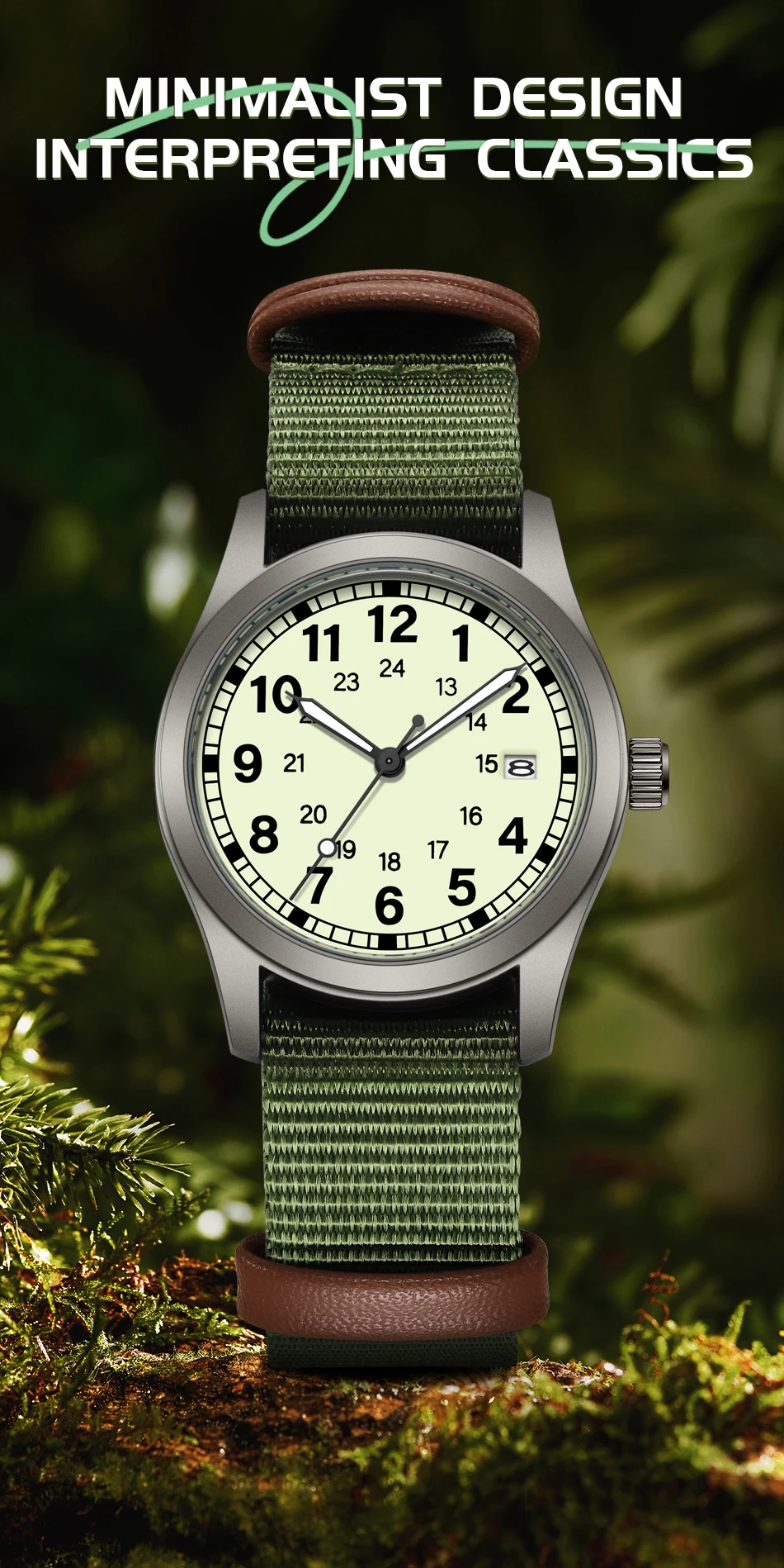 2026 TPW Women's Field Watch 34mm Case Easy Read Fabric Strap 24hr Display Day Function Quartz Movement Luminous