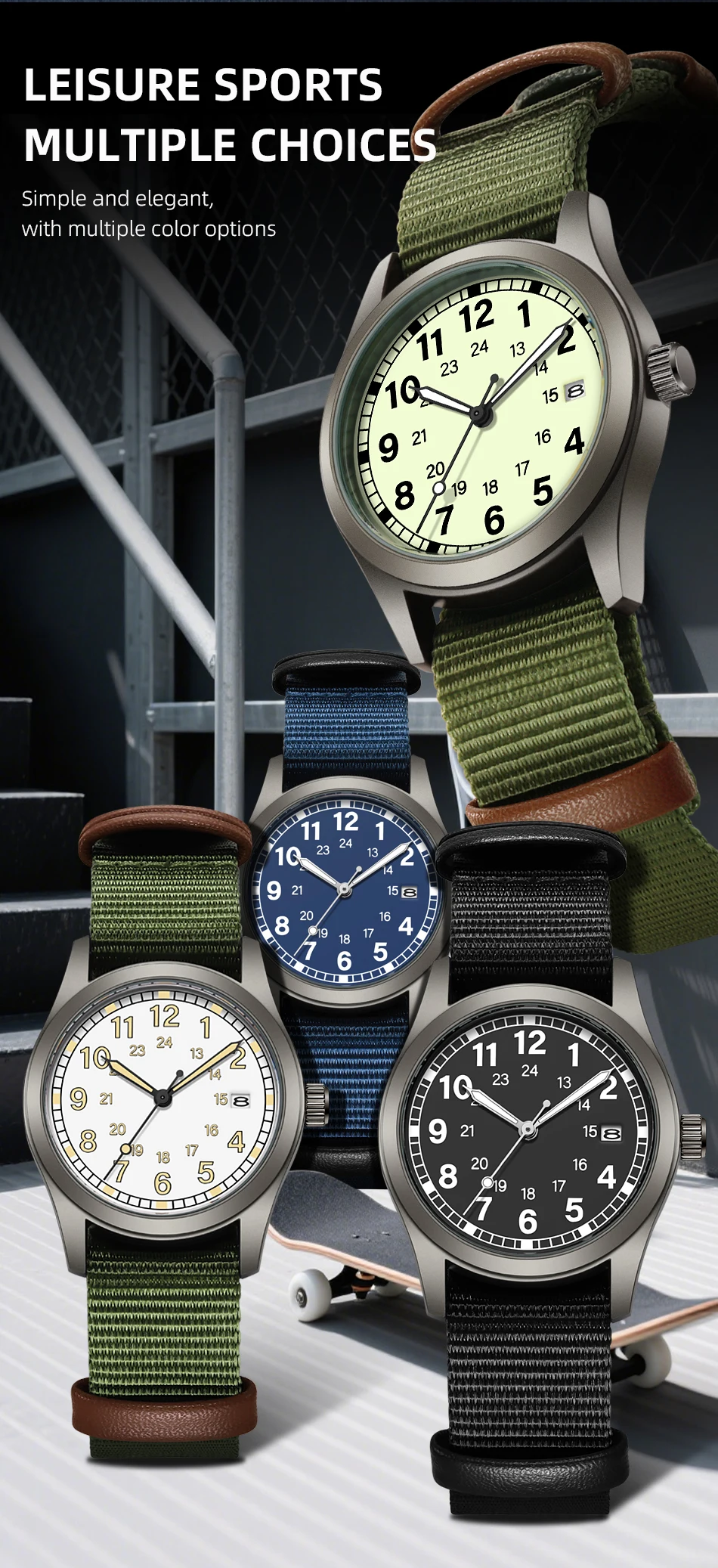 2026 TPW Women's Field Watch 34mm Case Easy Read Fabric Strap 24hr Display Day Function Quartz Movement Luminous