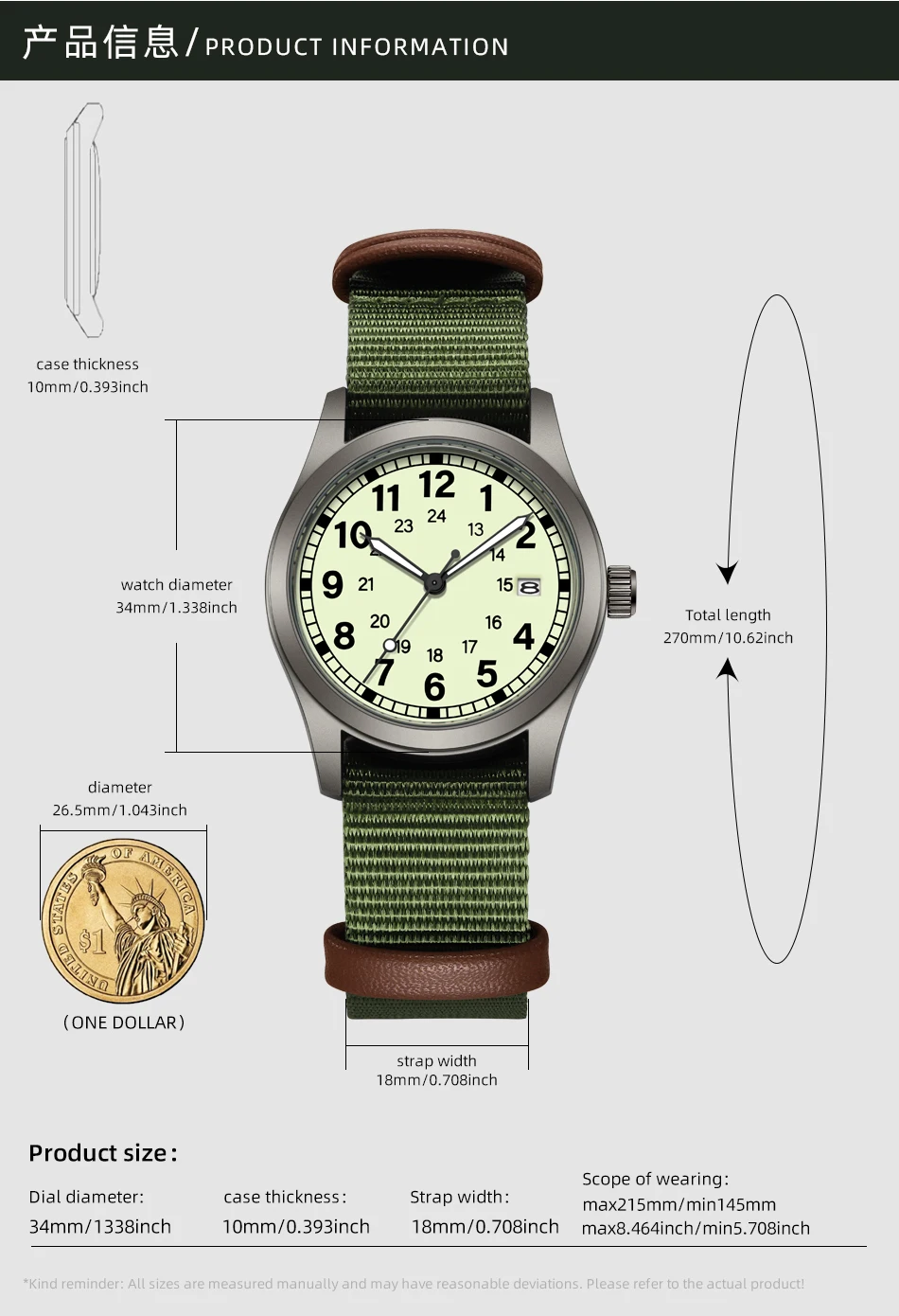 2026 TPW Women's Field Watch 34mm Case Easy Read Fabric Strap 24hr Display Day Function Quartz Movement Luminous