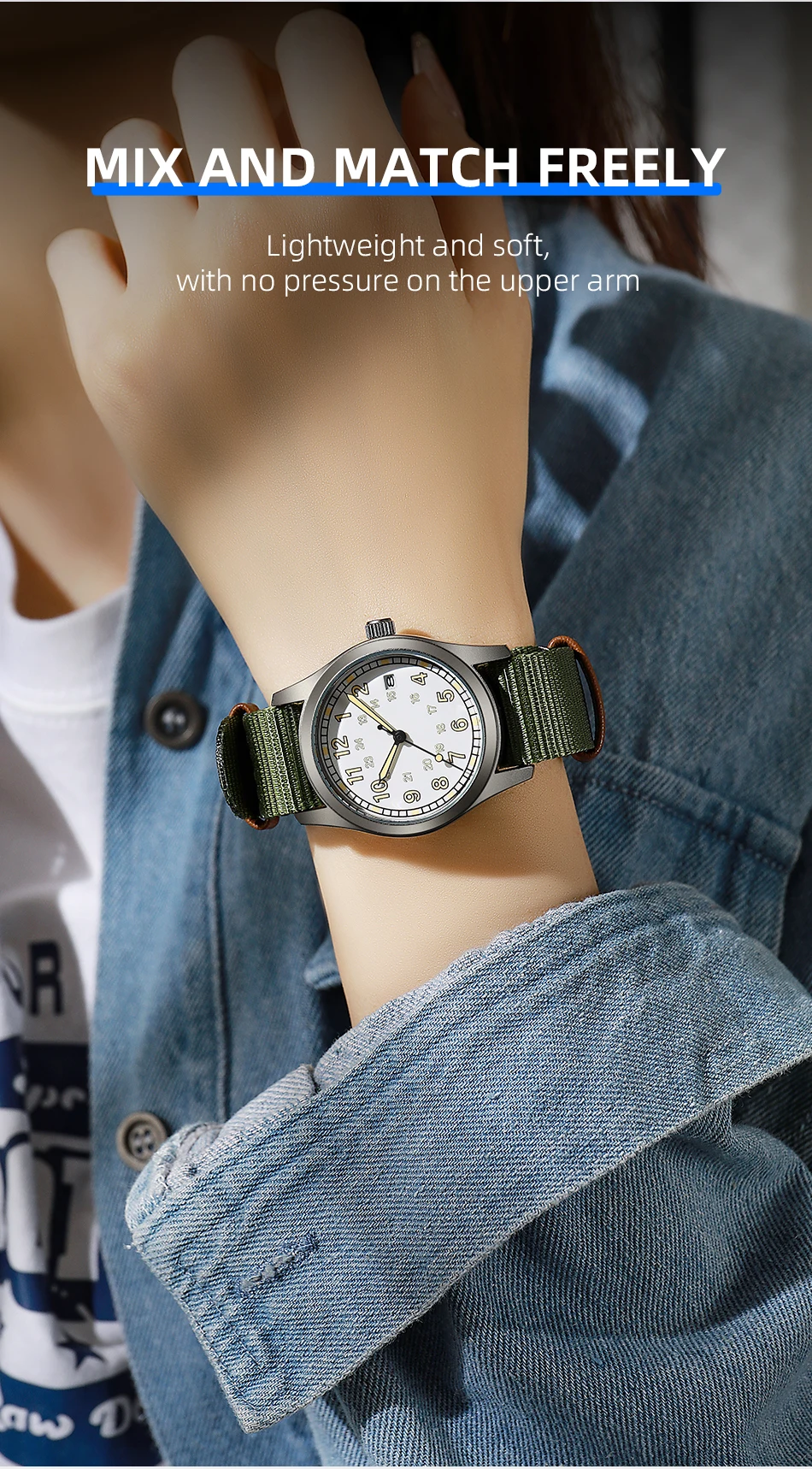 2026 TPW Women's Field Watch 34mm Case Easy Read Fabric Strap 24hr Display Day Function Quartz Movement Luminous