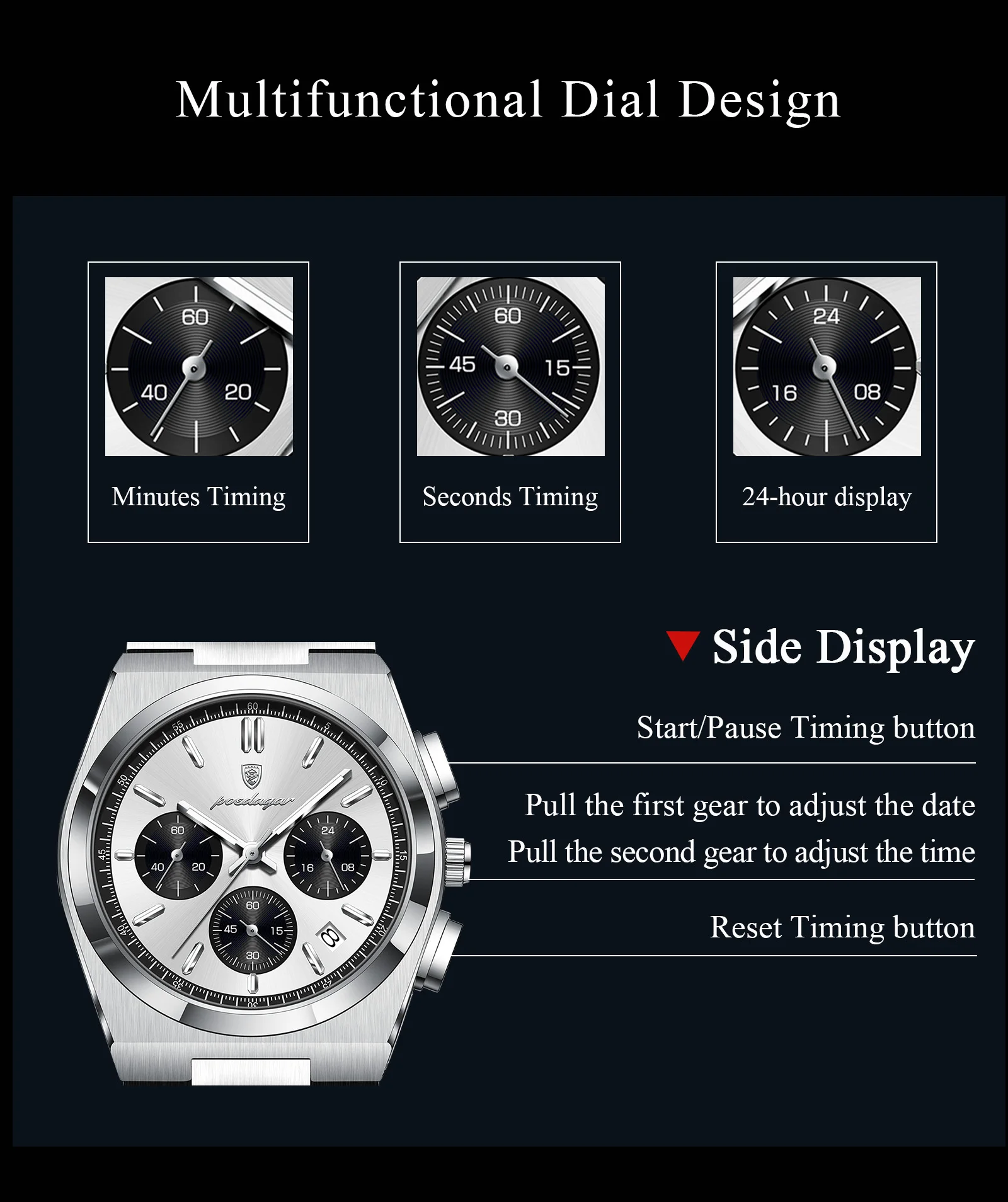 POEDAGAR Top Business Men's Watch Chronograph Date Stainless Steel Classic Man Clock Waterproof Luminous Quartz Watches For Men