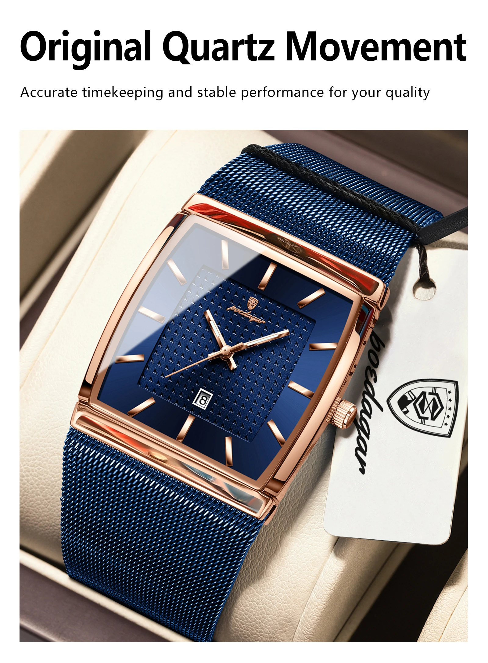 POEDAGAR Top Luxury Men Watch Stainless Steel Mesh Date Waterproof Luminous Man Wristwatch Casual Rectangle Quartz Men's Watches