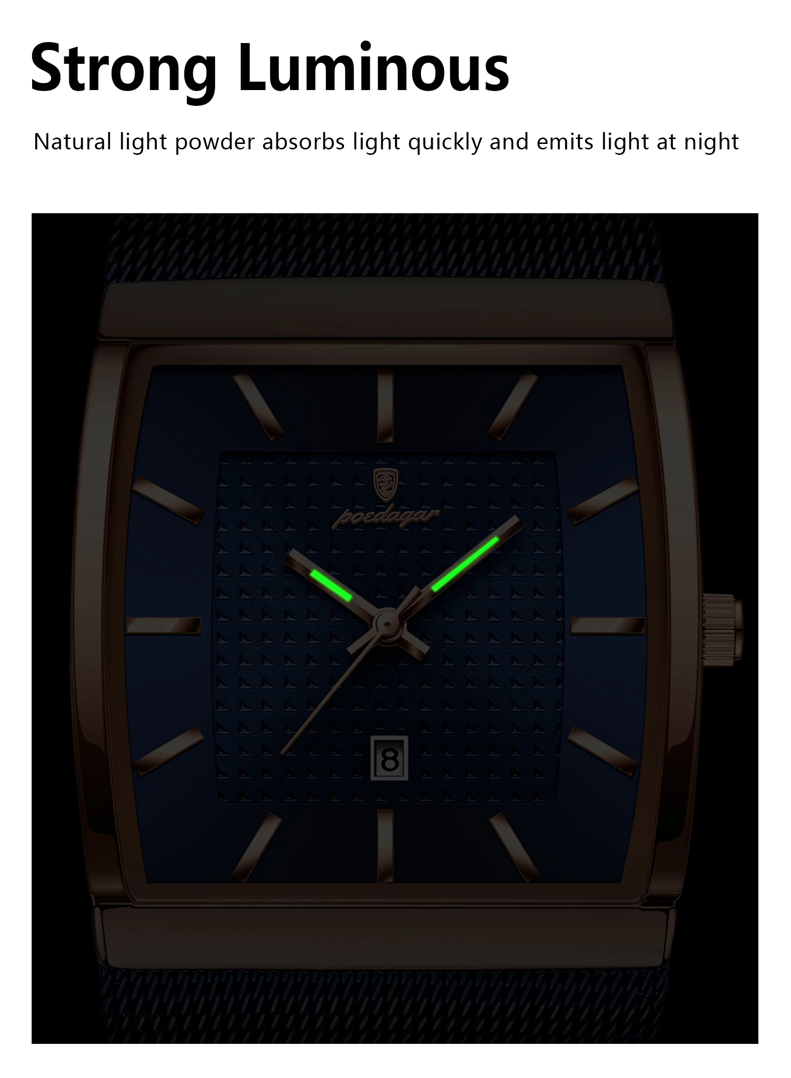 POEDAGAR Top Luxury Men Watch Stainless Steel Mesh Date Waterproof Luminous Man Wristwatch Casual Rectangle Quartz Men's Watches