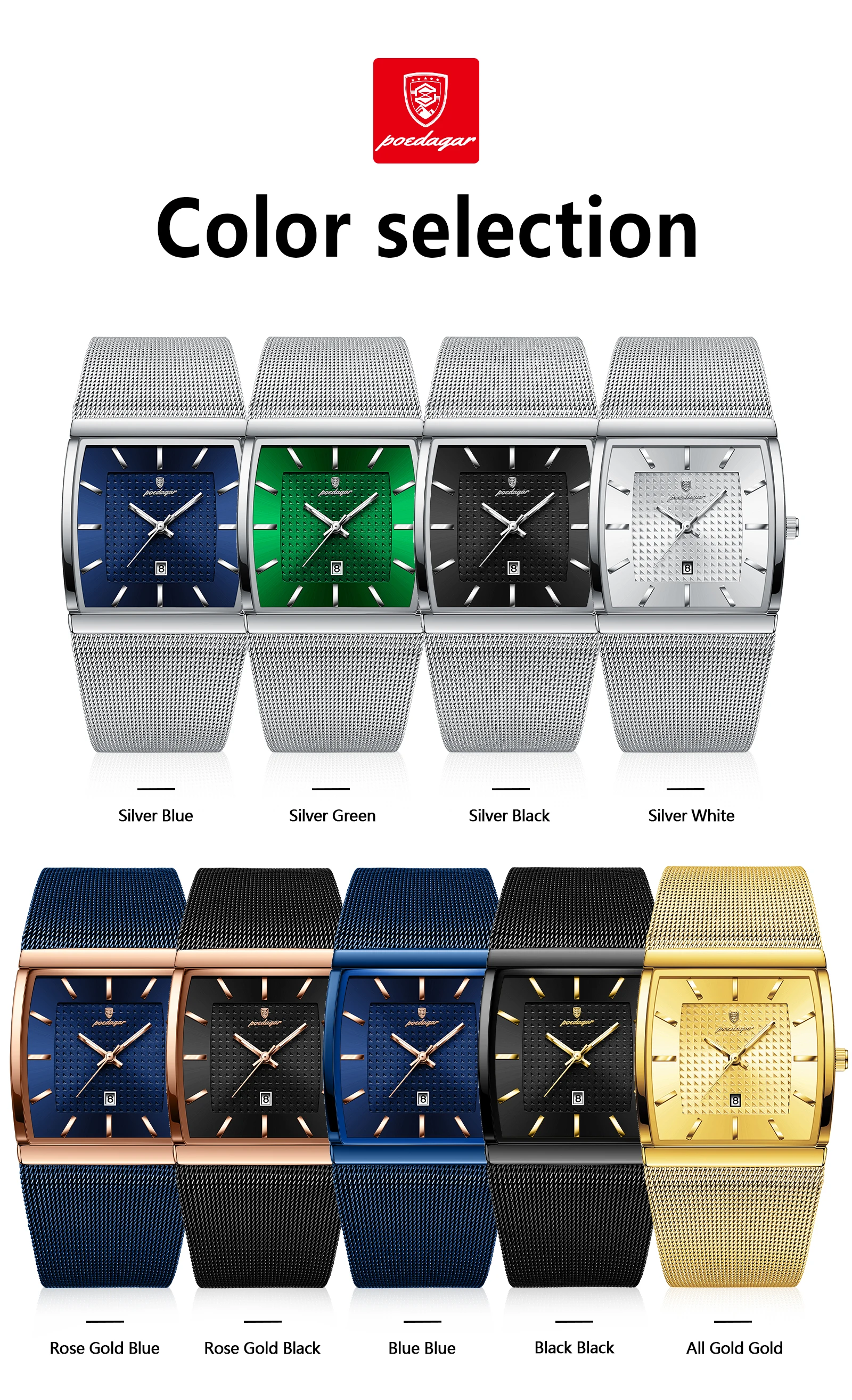POEDAGAR Top Luxury Men Watch Stainless Steel Mesh Date Waterproof Luminous Man Wristwatch Casual Rectangle Quartz Men's Watches