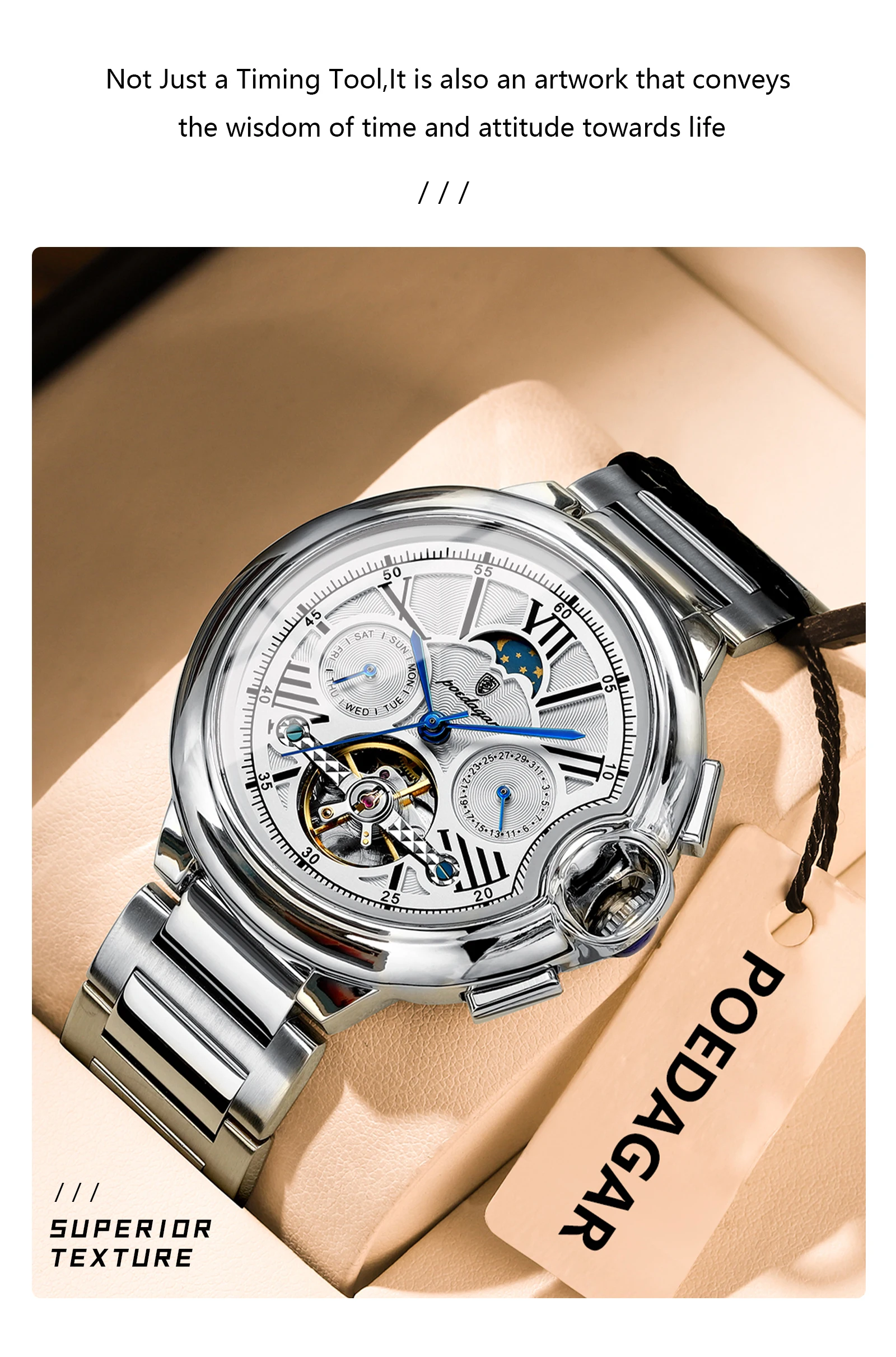 POEDAGAR Luxury Business Male Watch Date Week Stainless Steel Tourbillon Men Clock Waterproof Automatic Mechanical Men's Watches