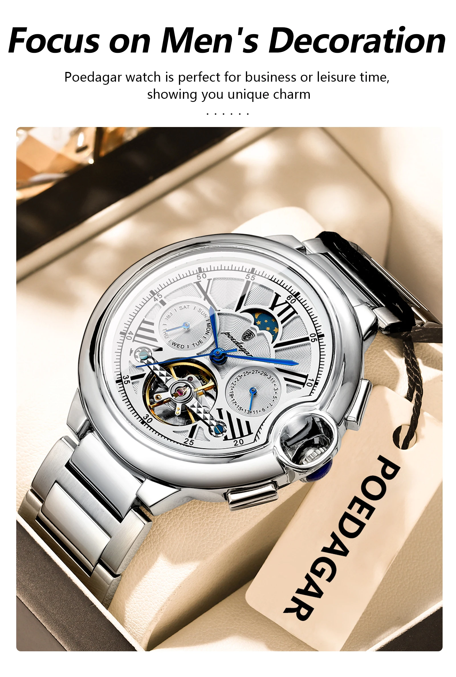 POEDAGAR Luxury Business Male Watch Date Week Stainless Steel Tourbillon Men Clock Waterproof Automatic Mechanical Men's Watches