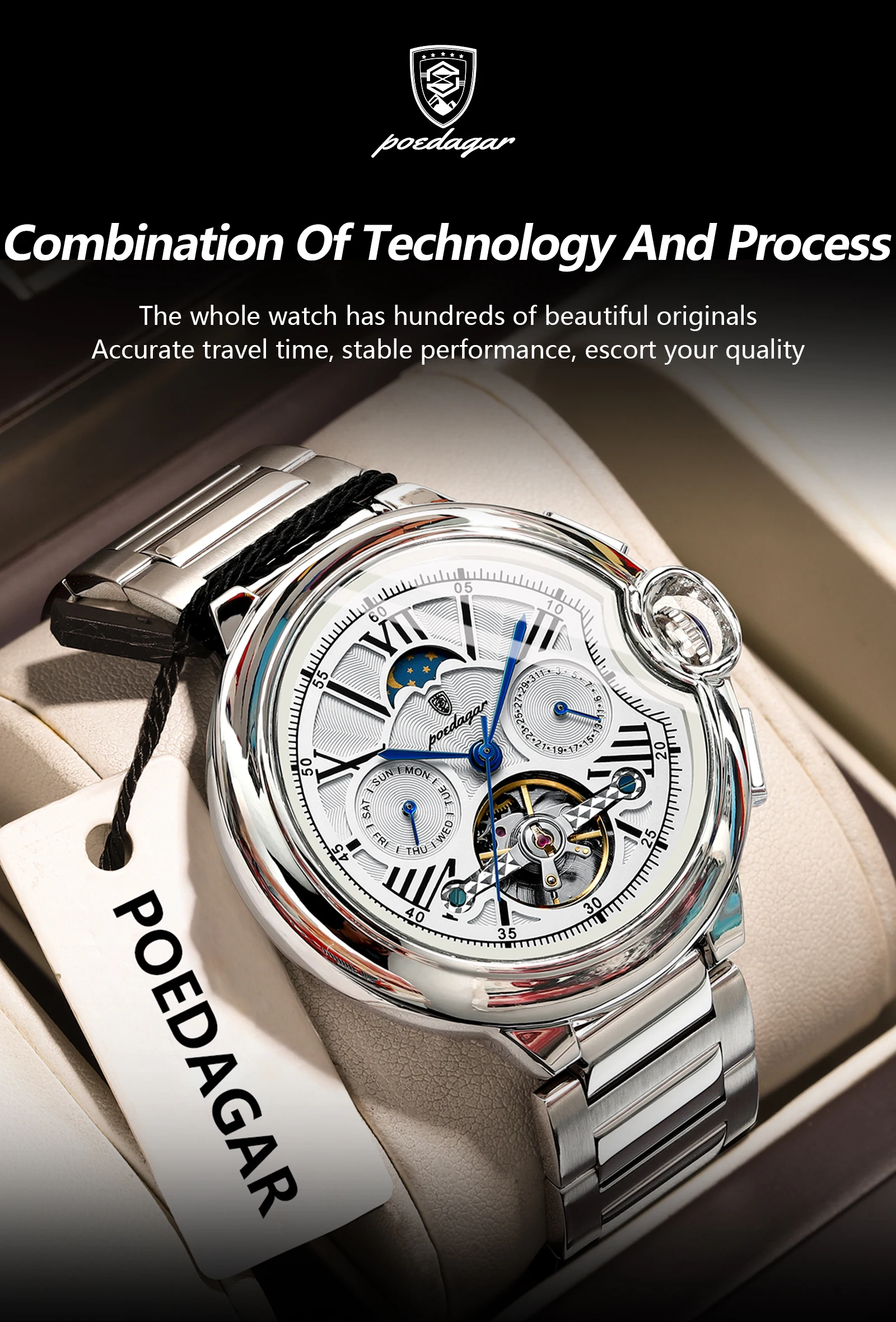 POEDAGAR Luxury Business Male Watch Date Week Stainless Steel Tourbillon Men Clock Waterproof Automatic Mechanical Men's Watches