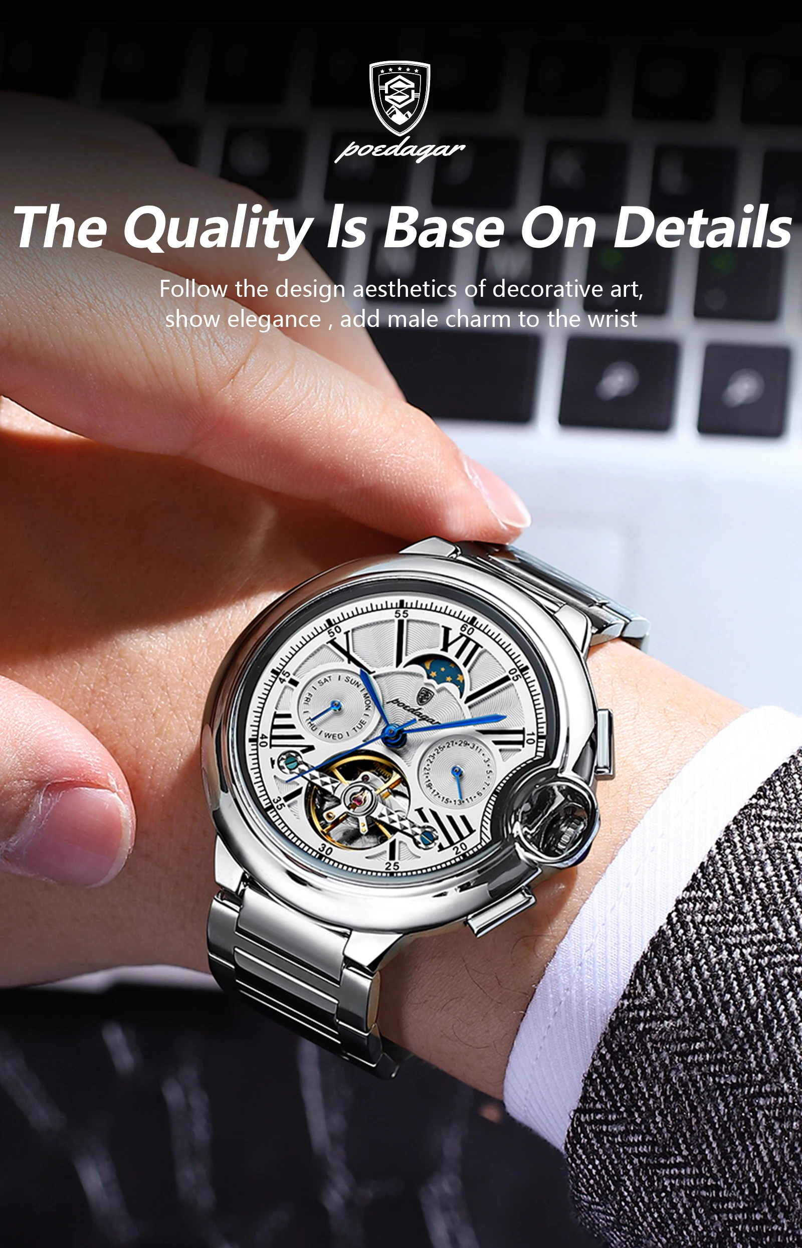 POEDAGAR Luxury Business Male Watch Date Week Stainless Steel Tourbillon Men Clock Waterproof Automatic Mechanical Men's Watches