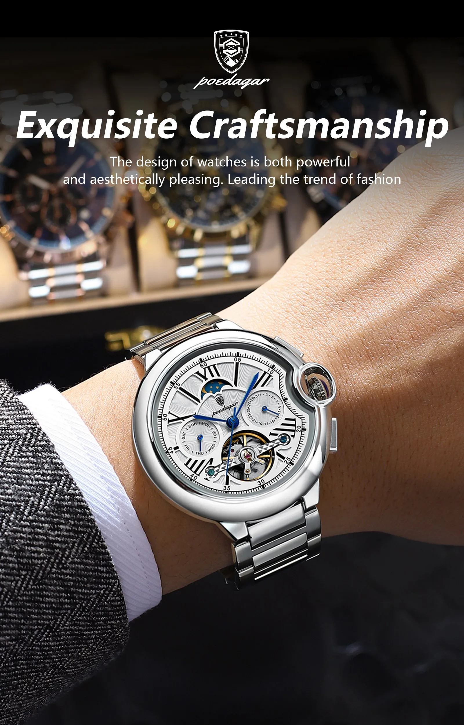 POEDAGAR Luxury Business Male Watch Date Week Stainless Steel Tourbillon Men Clock Waterproof Automatic Mechanical Men's Watches