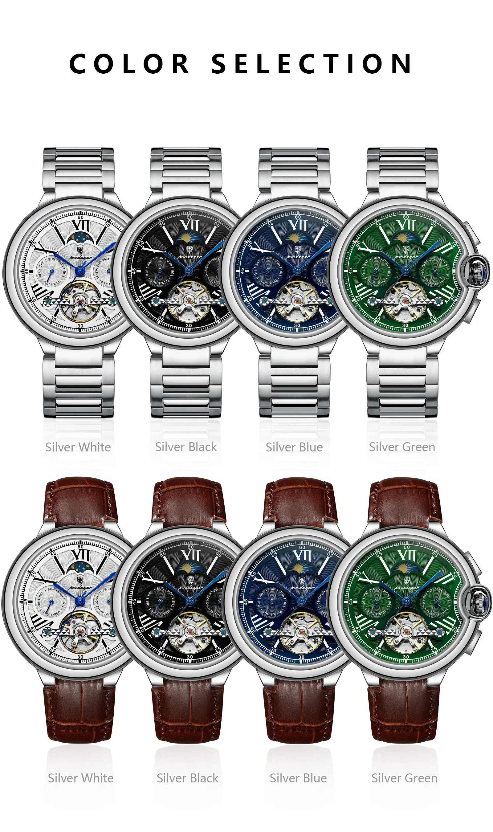 POEDAGAR Luxury Business Male Watch Date Week Stainless Steel Tourbillon Men Clock Waterproof Automatic Mechanical Men's Watches