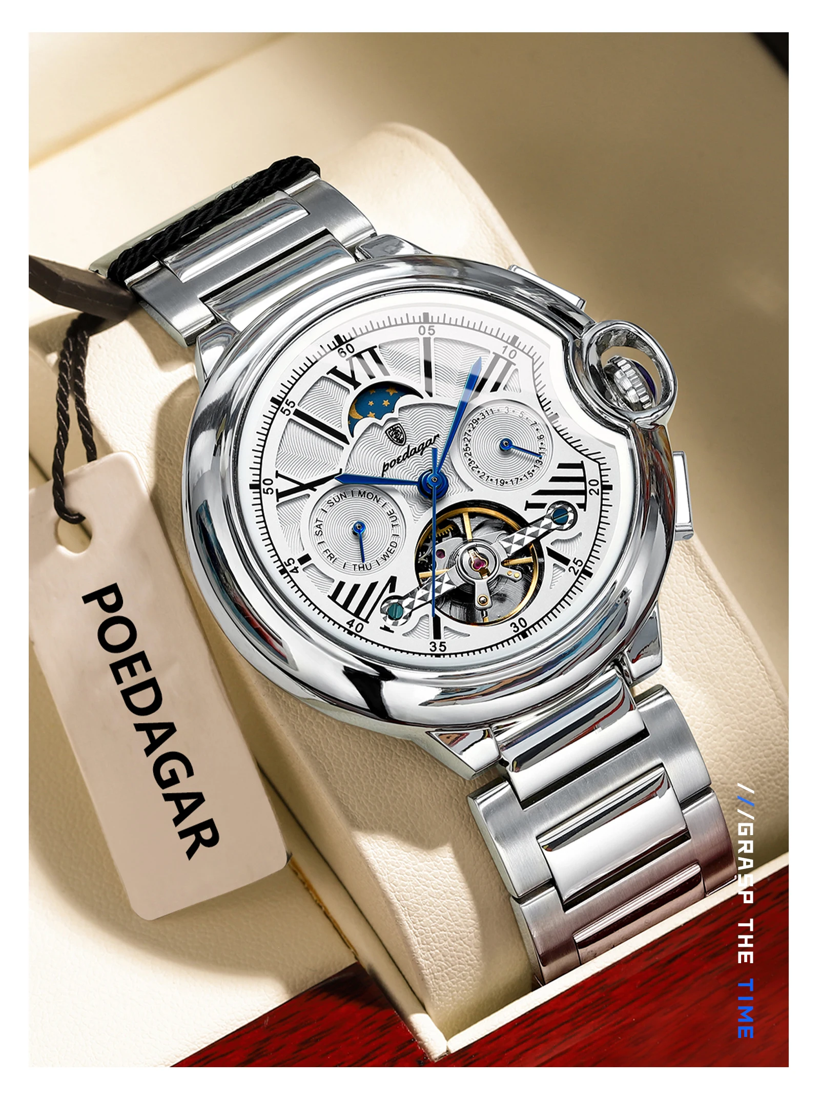 POEDAGAR Luxury Business Male Watch Date Week Stainless Steel Tourbillon Men Clock Waterproof Automatic Mechanical Men's Watches