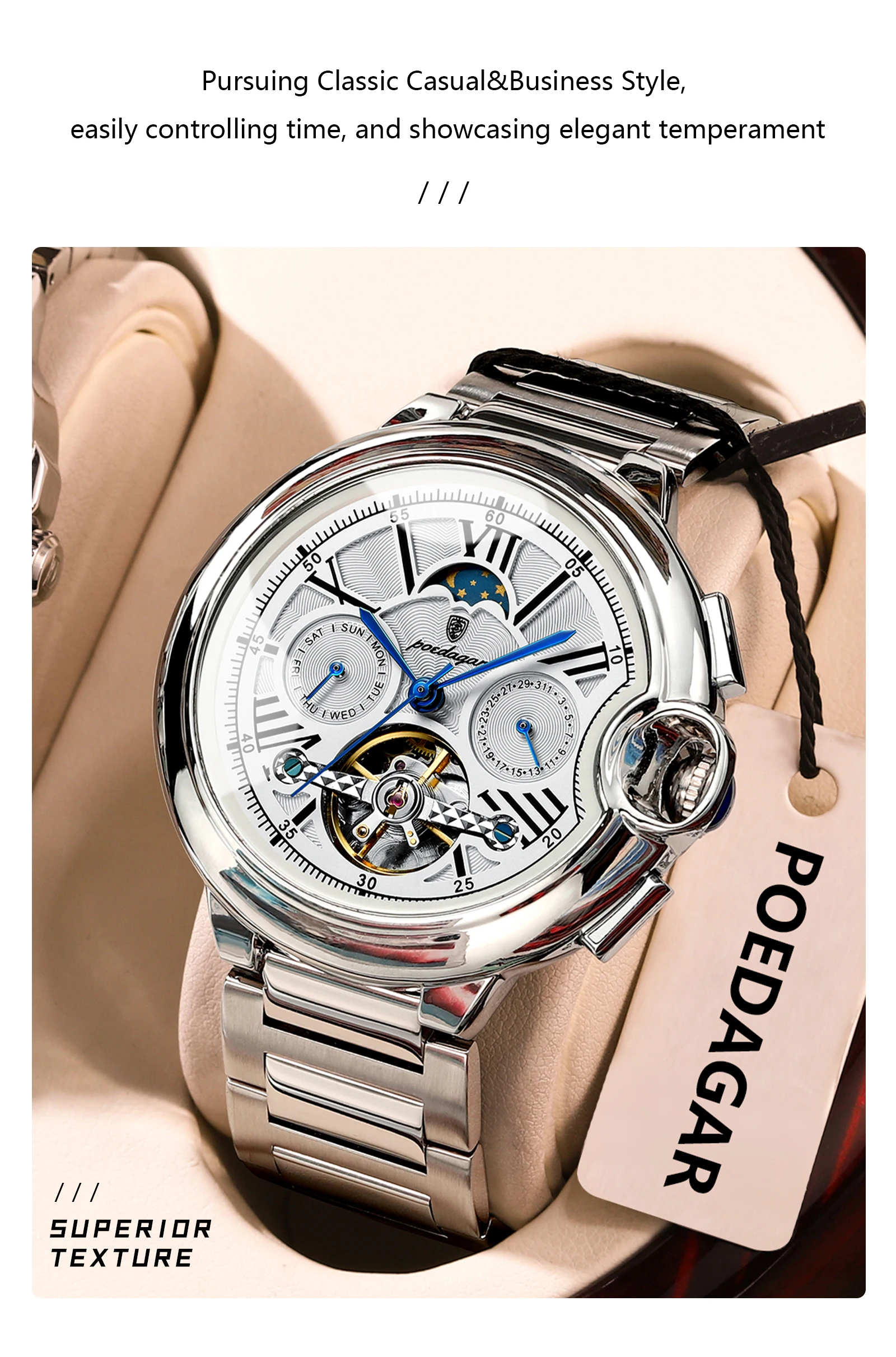 POEDAGAR Luxury Business Male Watch Date Week Stainless Steel Tourbillon Men Clock Waterproof Automatic Mechanical Men's Watches