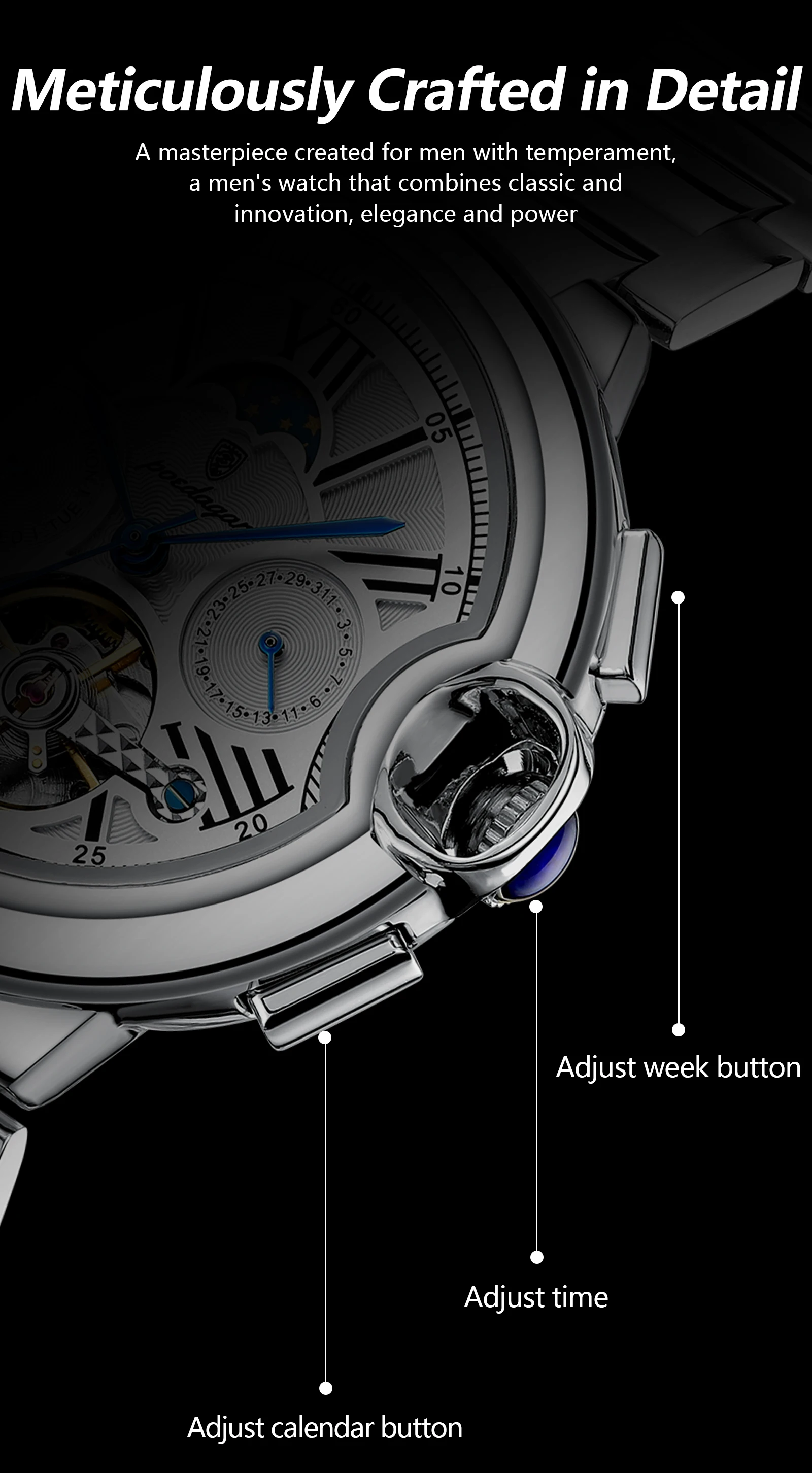 POEDAGAR Luxury Business Male Watch Date Week Stainless Steel Tourbillon Men Clock Waterproof Automatic Mechanical Men's Watches