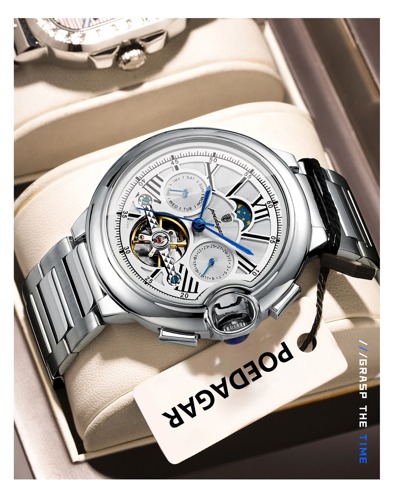 POEDAGAR Luxury Business Male Watch Date Week Stainless Steel Tourbillon Men Clock Waterproof Automatic Mechanical Men's Watches