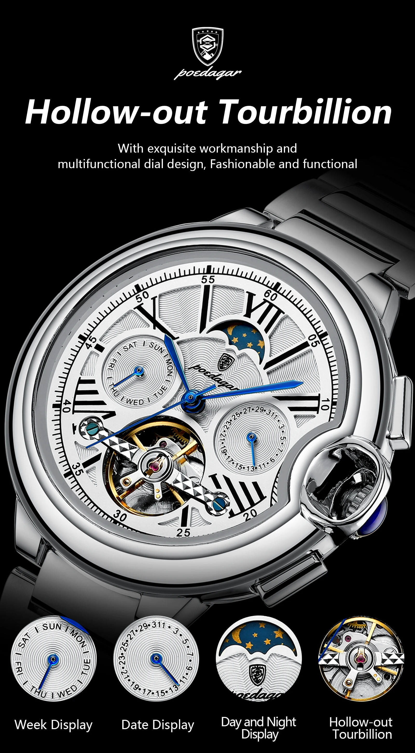 POEDAGAR Luxury Business Male Watch Date Week Stainless Steel Tourbillon Men Clock Waterproof Automatic Mechanical Men's Watches