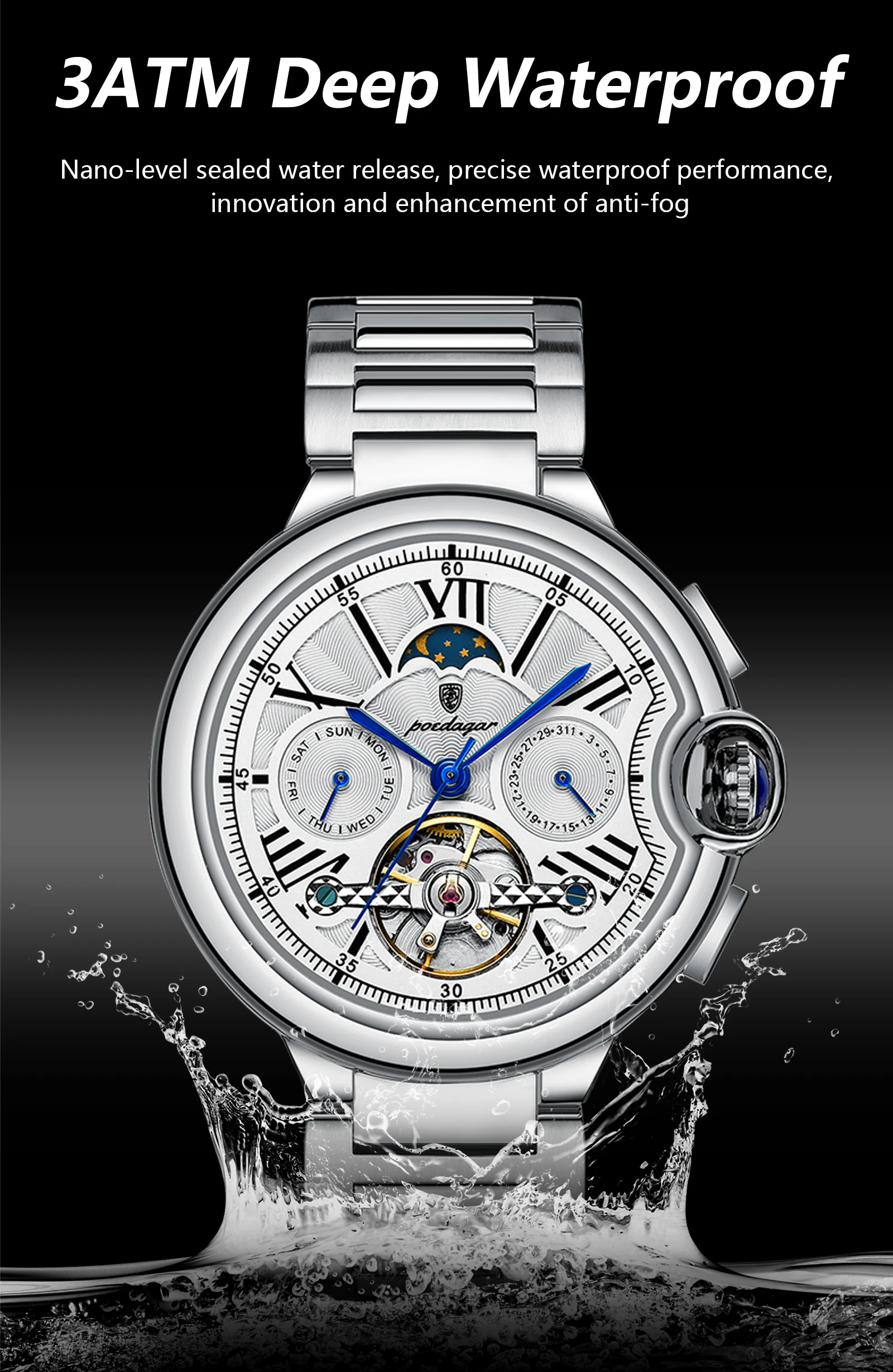 POEDAGAR Luxury Business Male Watch Date Week Stainless Steel Tourbillon Men Clock Waterproof Automatic Mechanical Men's Watches