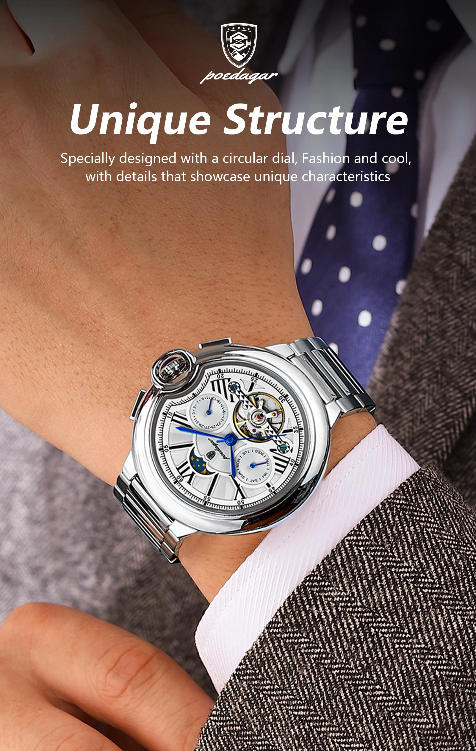 POEDAGAR Luxury Business Male Watch Date Week Stainless Steel Tourbillon Men Clock Waterproof Automatic Mechanical Men's Watches