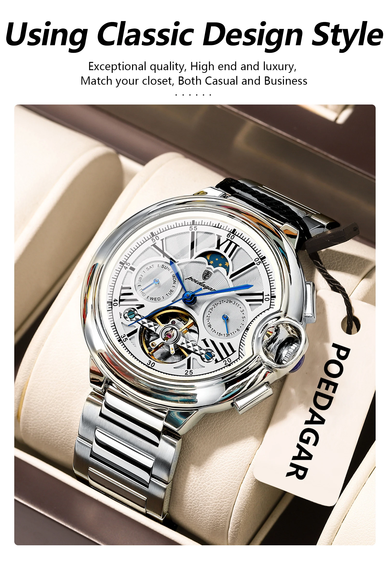 POEDAGAR Luxury Business Male Watch Date Week Stainless Steel Tourbillon Men Clock Waterproof Automatic Mechanical Men's Watches