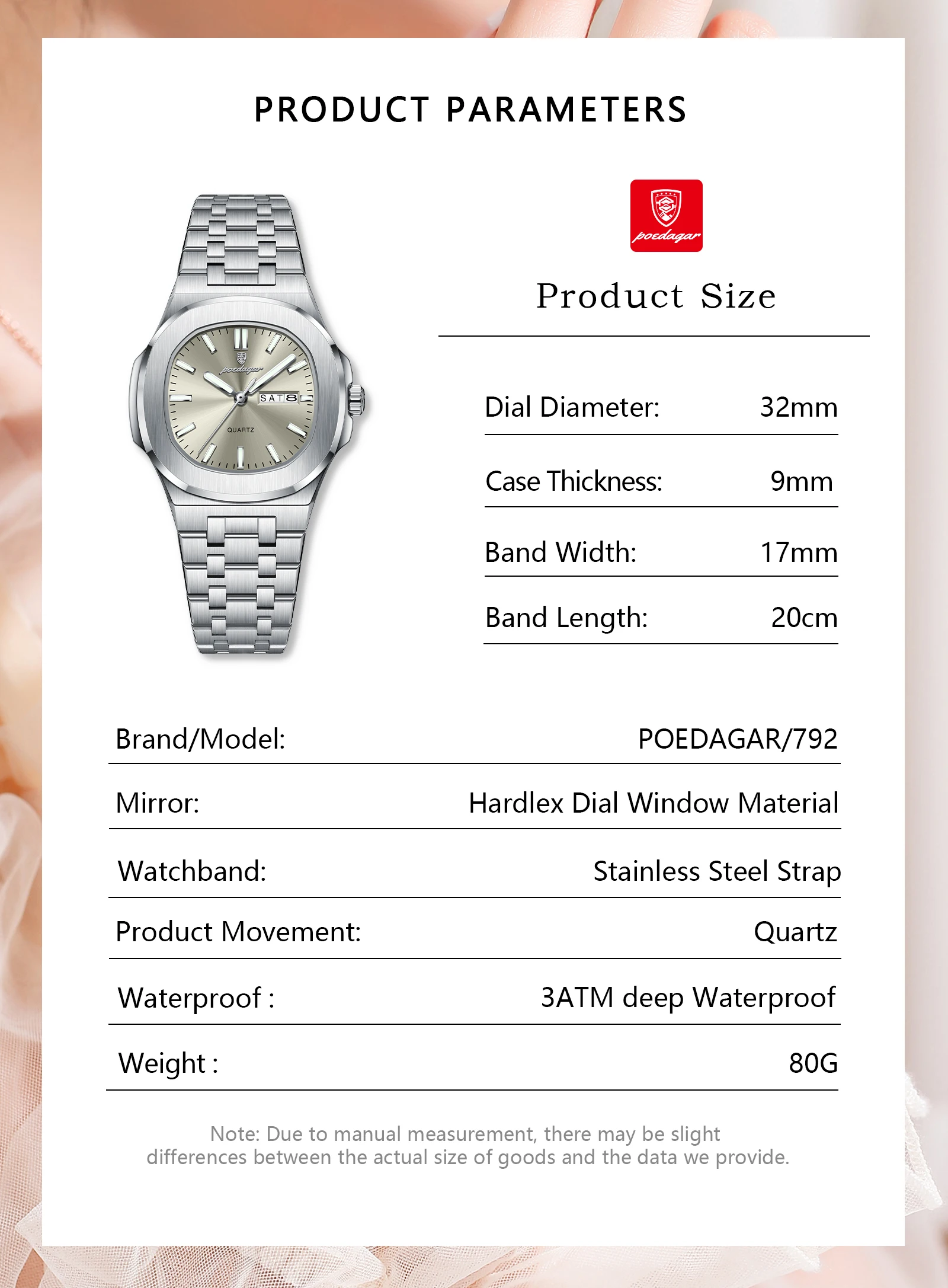 POEDAGAR Square Woman Watch Date Week Waterproof Luminous Ladies Watch Stainless Steel Quartz Fashion Women's Watches Reloj Gift